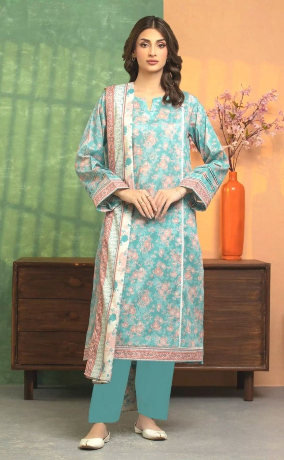 Turquoise Blossom - 3 Piece Printed Lawn Suit | Soft Summer Elegance