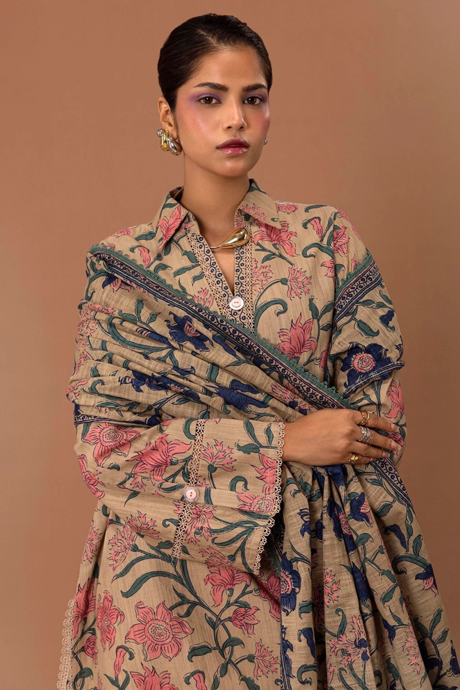 Vintage Blossom Beige 3-Piece Lawn Suit | Elegant Floral Ensemble |