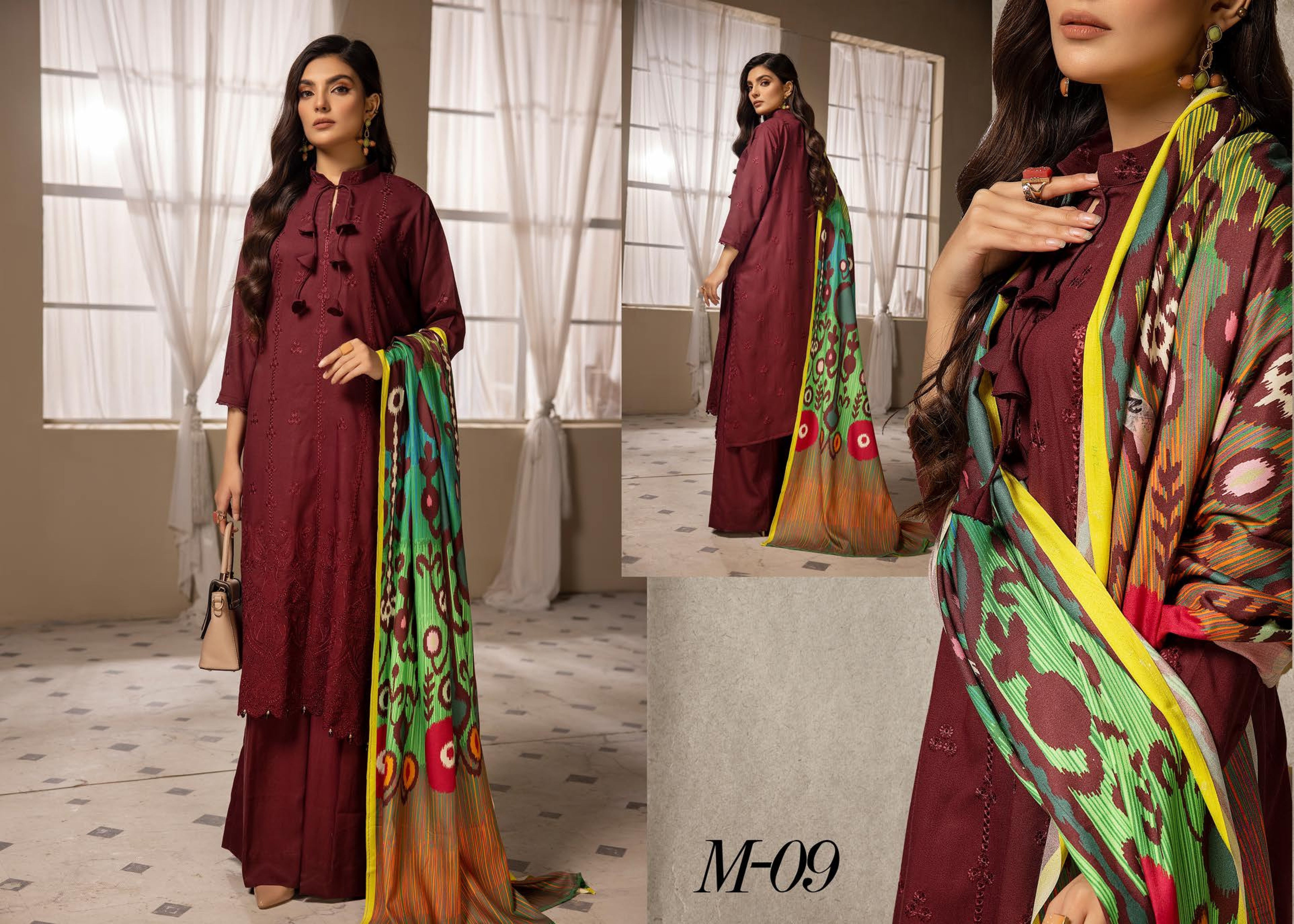 Mehak Embroidered Slub 3 Piece Suit (M-09)