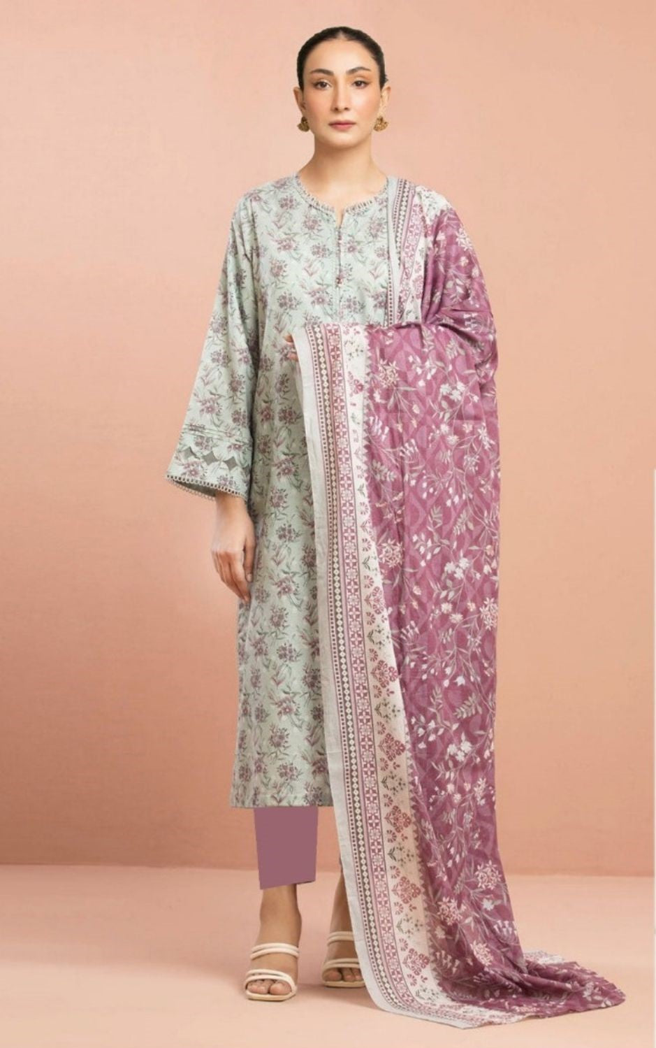 Blush Bloom - 3 Piece Printed Lawn Suit | Mint & Mauve