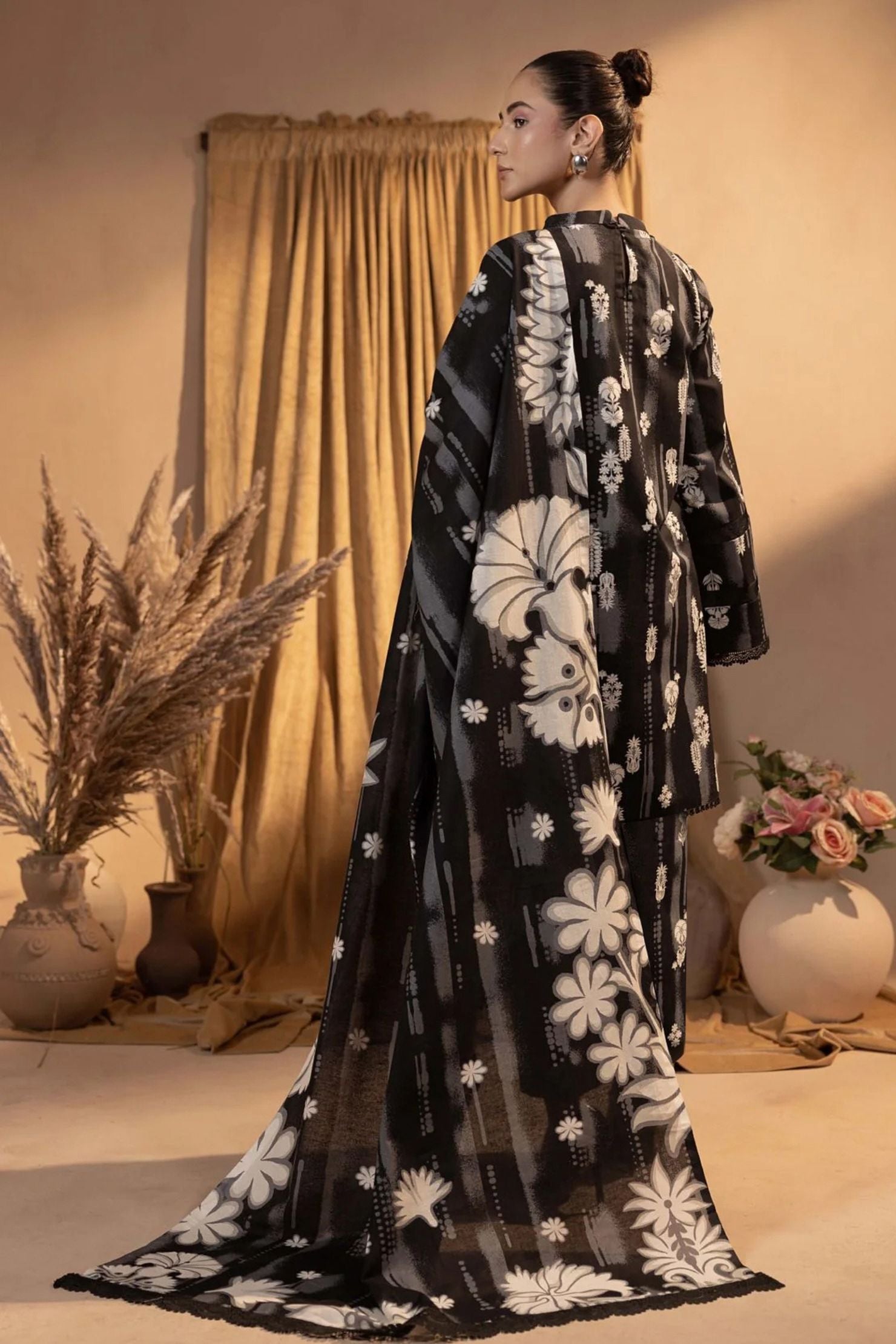 Midnight Bloom Black & White Lawn 3-Piece Suit | Elegant Contrast Collection |