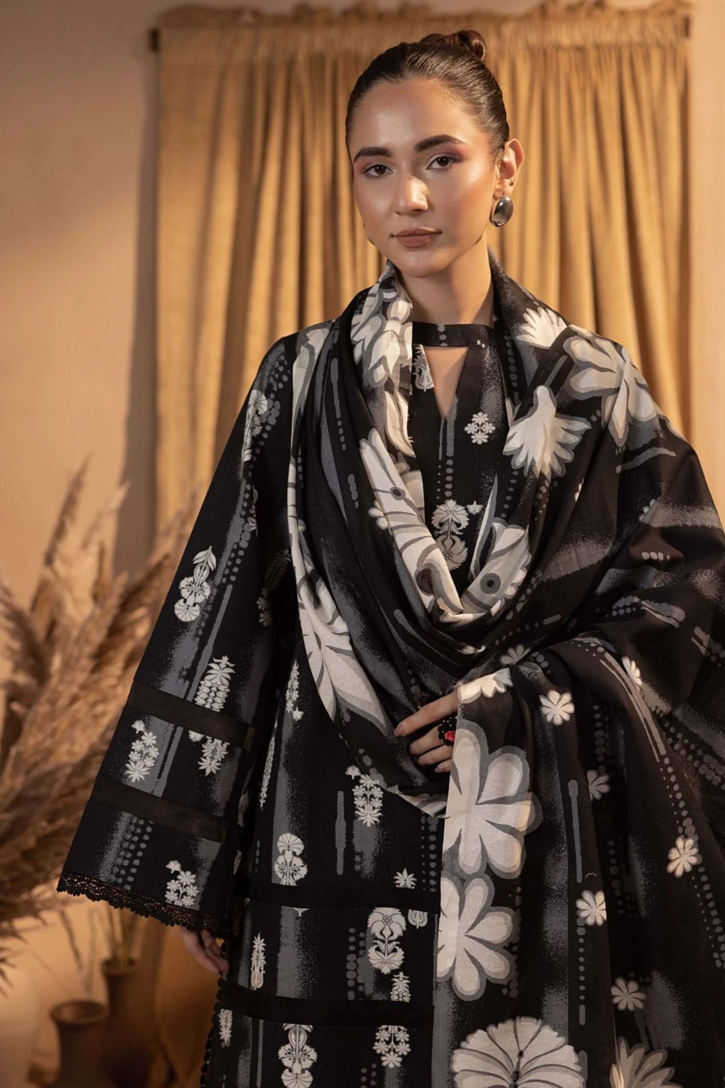 Midnight Bloom Black & White Lawn 3-Piece Suit | Elegant Contrast Collection |