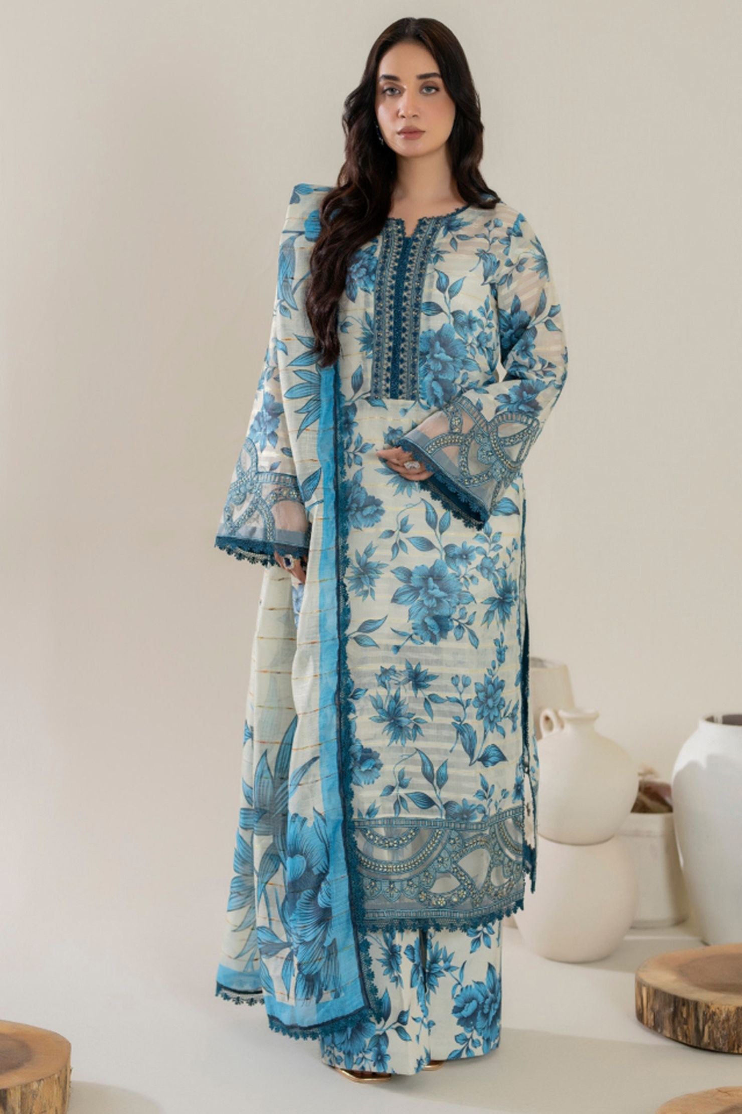Ivory & Aqua Blue Floral Lawn 3-Piece Suit | Summer Bloom Edition |