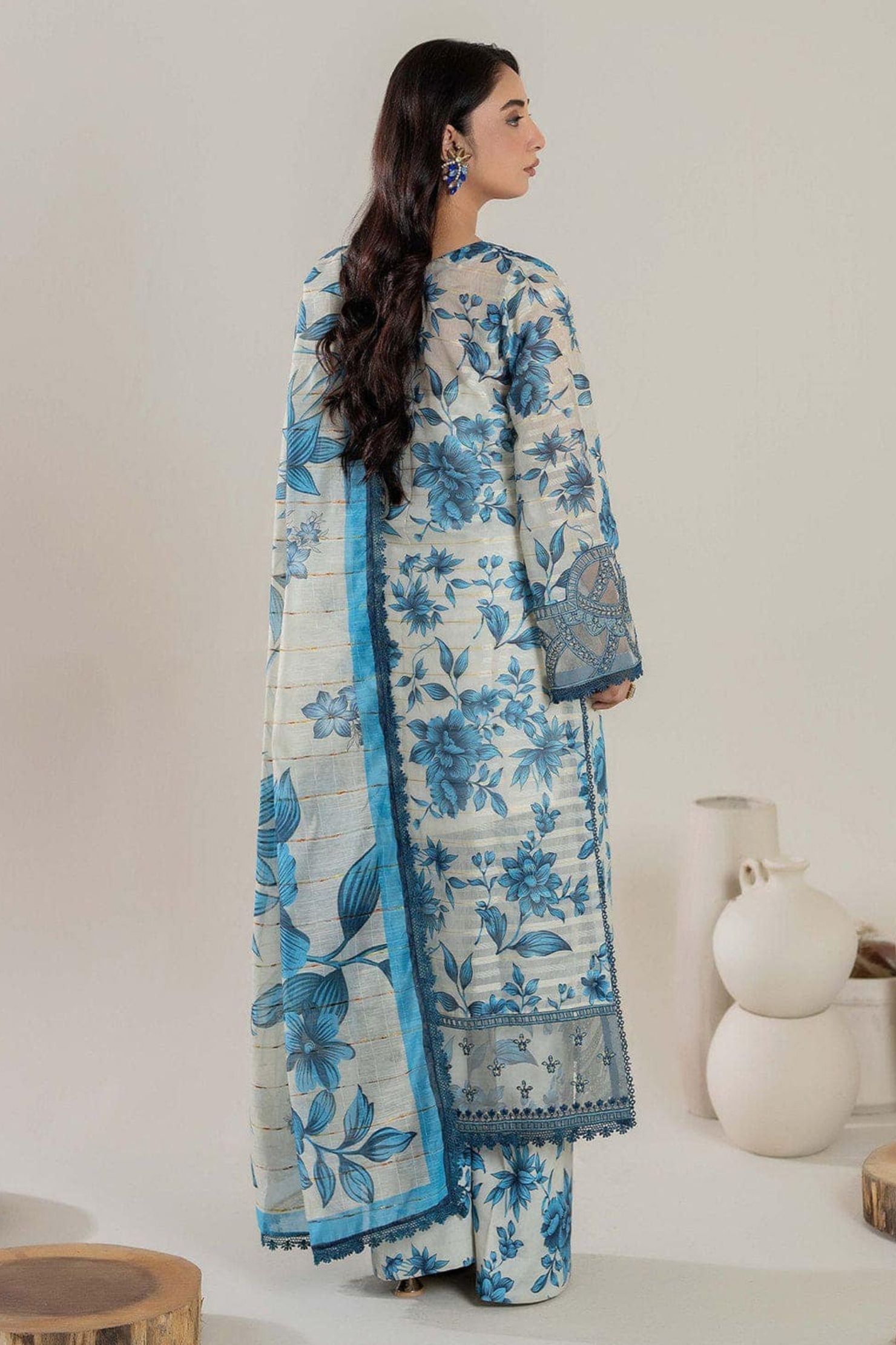 Ivory & Aqua Blue Floral Lawn 3-Piece Suit | Summer Bloom Edition |