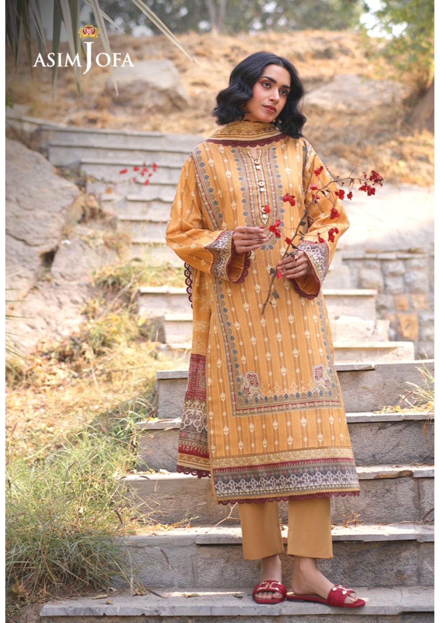 Sunlit Mustard Embroidered Lawn Suit | Traditional Elegance by Asim Jofa | 3-Piece