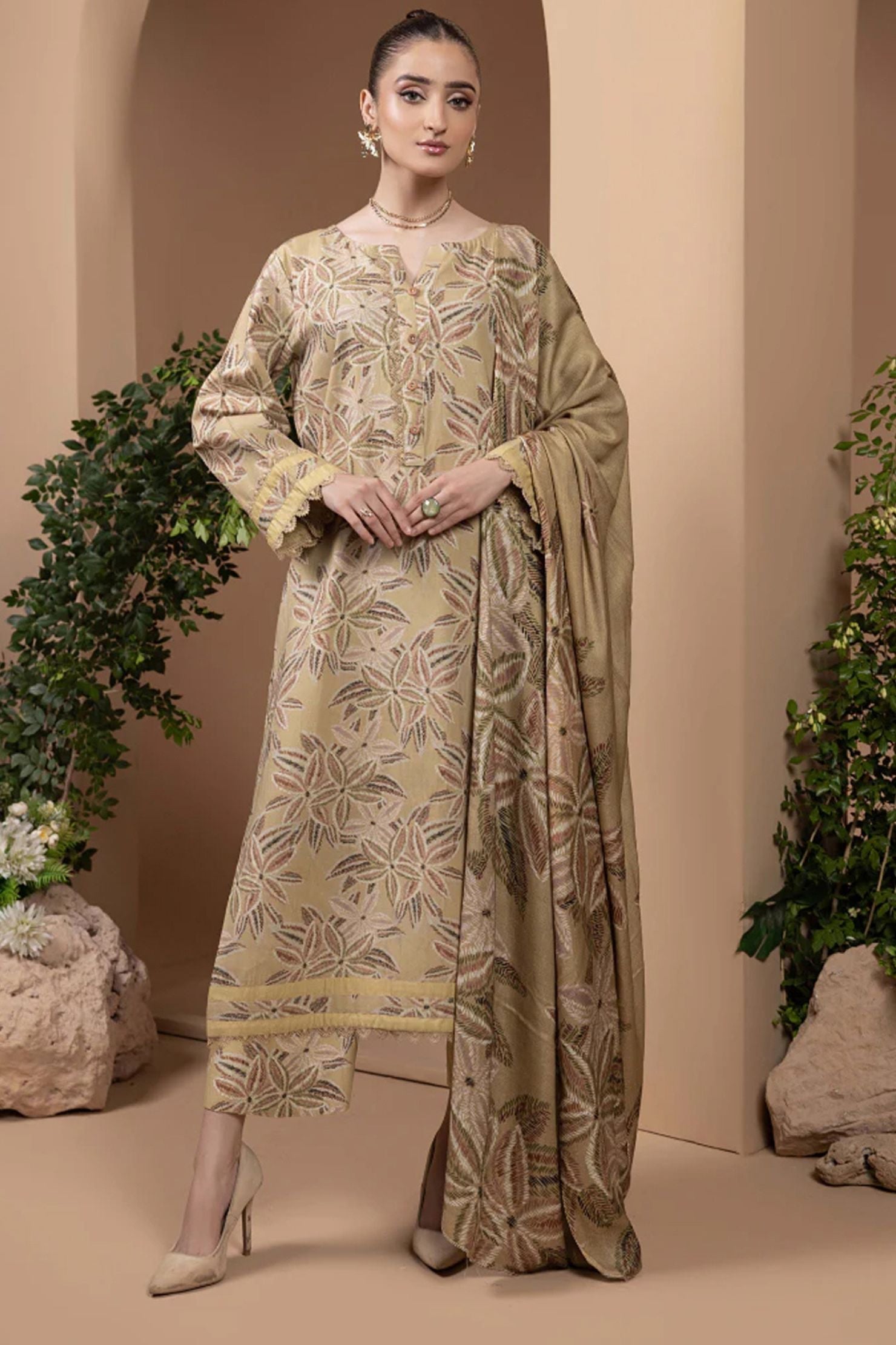 Golden Leaf Beige Lawn 3-Piece Suit | Subtle Luxe Collection |