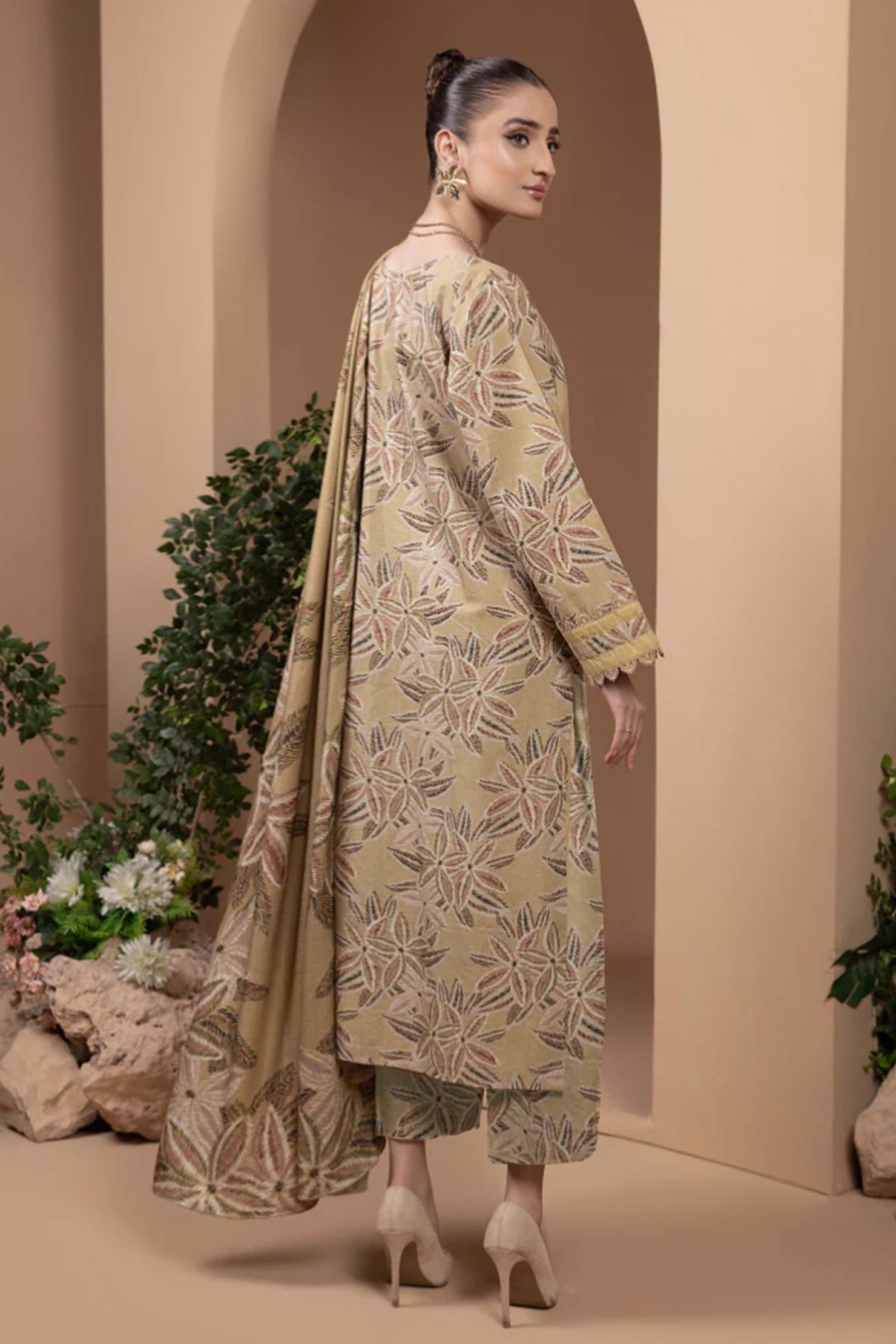 Golden Leaf Beige Lawn 3-Piece Suit | Subtle Luxe Collection |