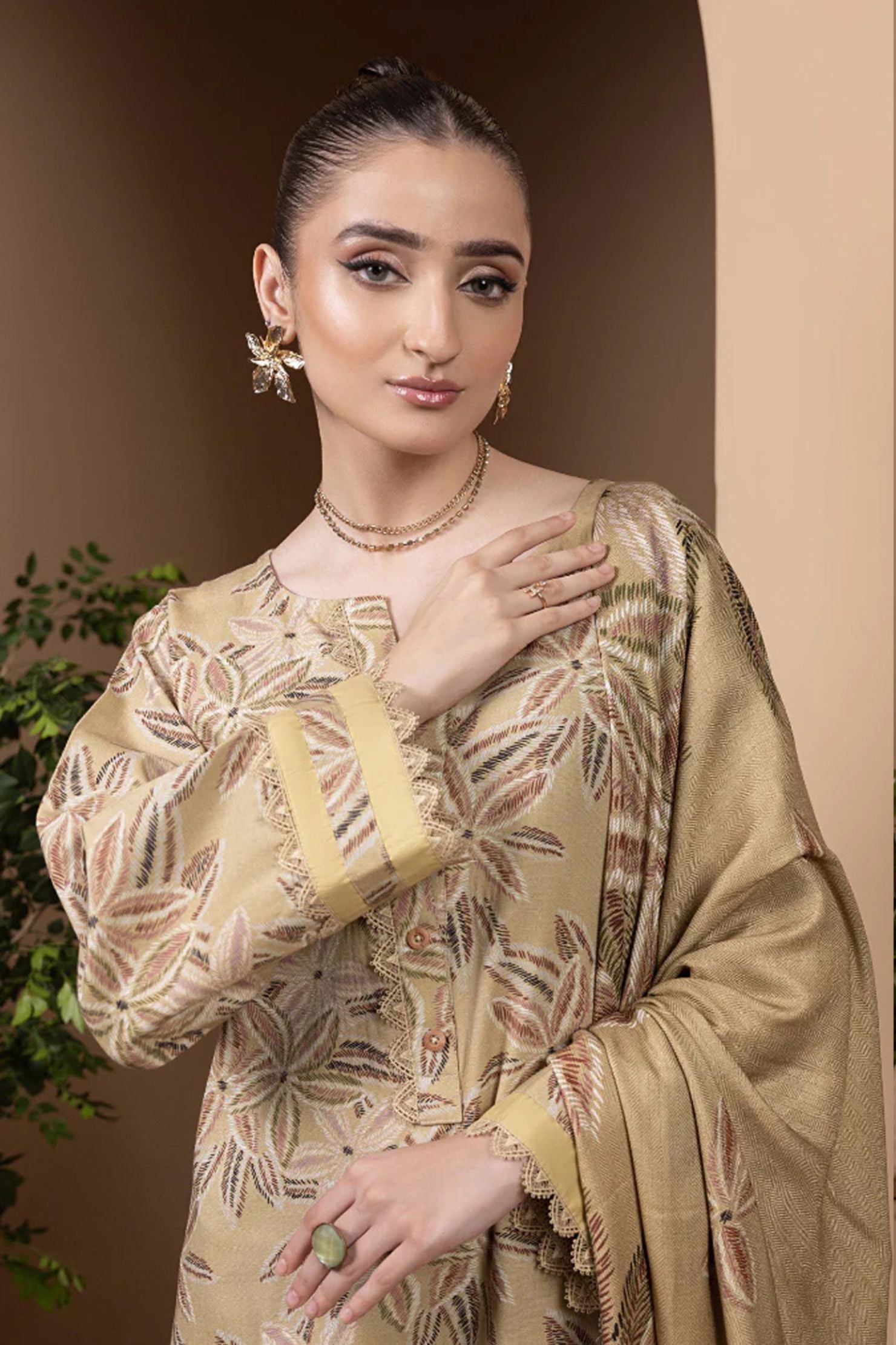 Golden Leaf Beige Lawn 3-Piece Suit | Subtle Luxe Collection |