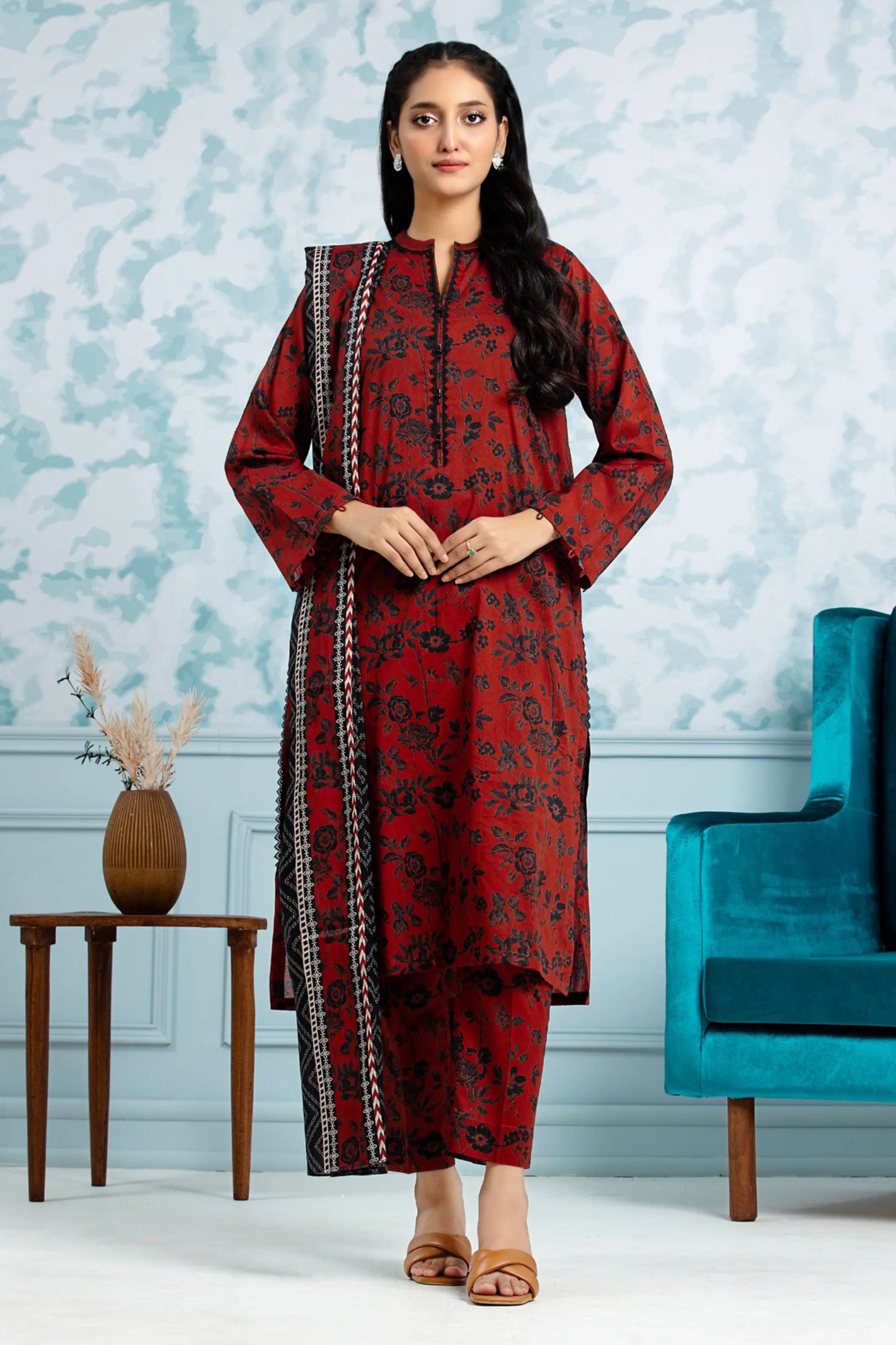 Rust Red & Black Floral Printed Lawn 3-Piece Suit | Timeless Charm Collection |