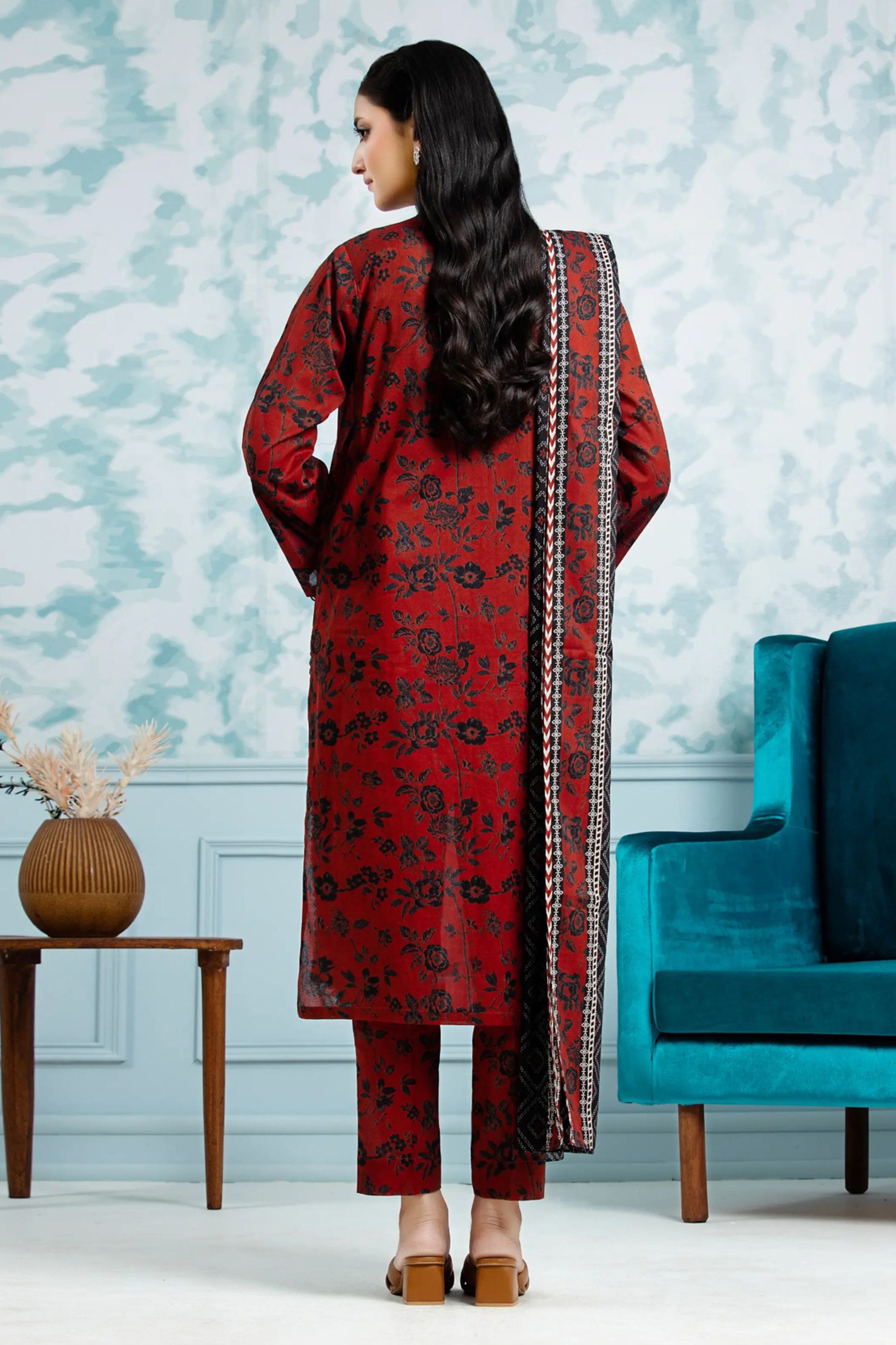 Rust Red & Black Floral Printed Lawn 3-Piece Suit | Timeless Charm Collection |