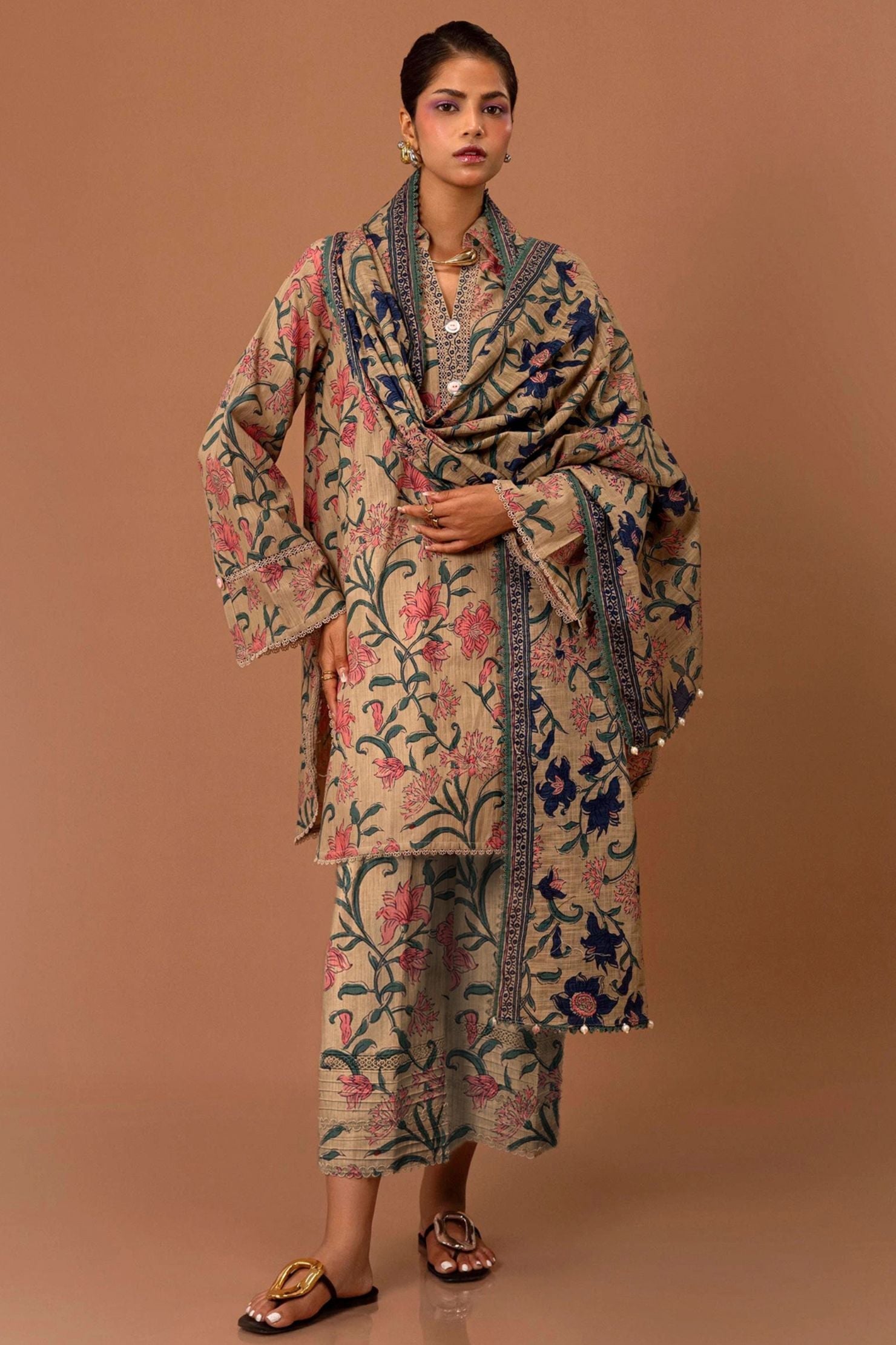 Vintage Blossom Beige 3-Piece Lawn Suit | Elegant Floral Ensemble |