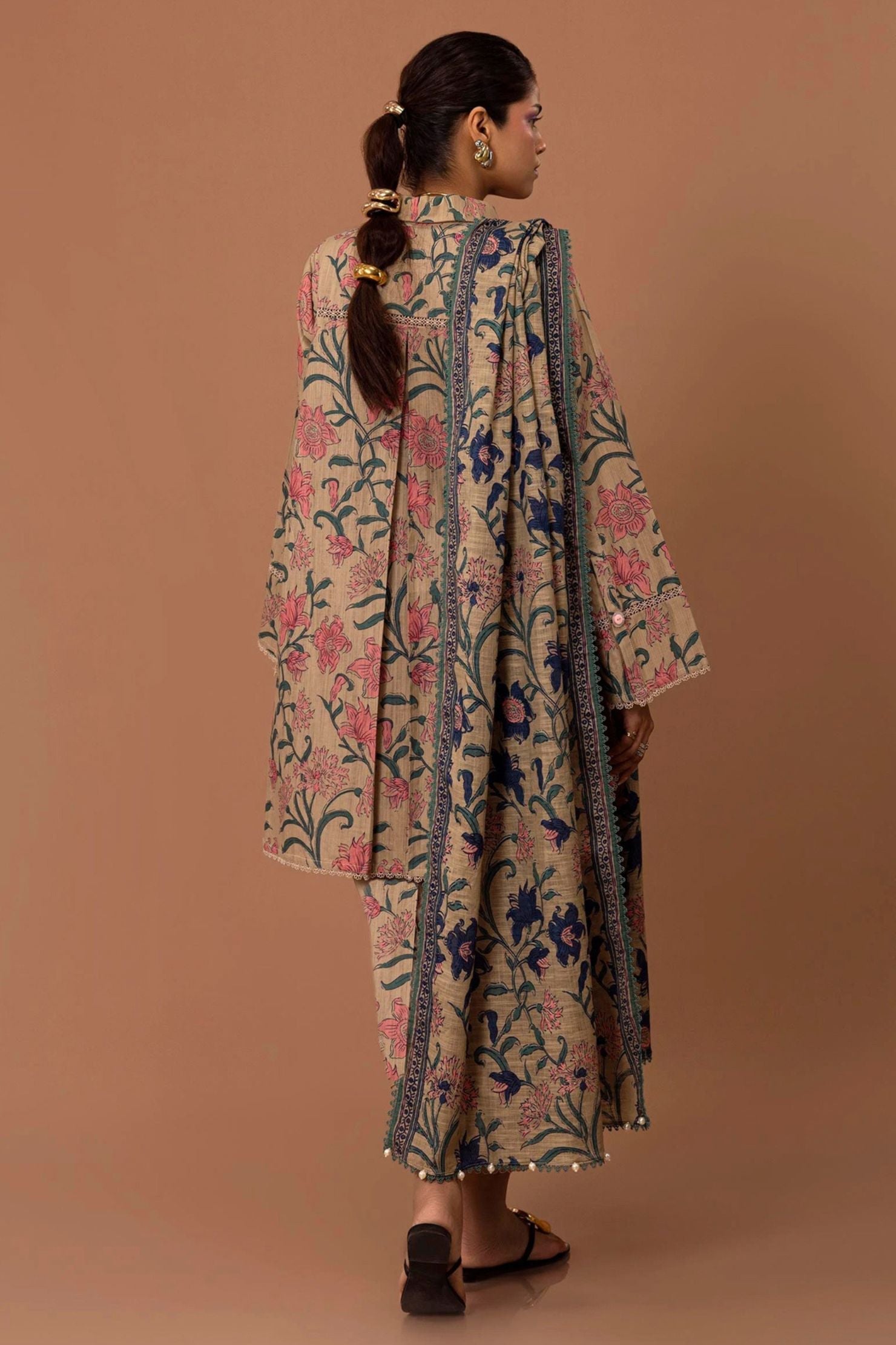 Vintage Blossom Beige 3-Piece Lawn Suit | Elegant Floral Ensemble |