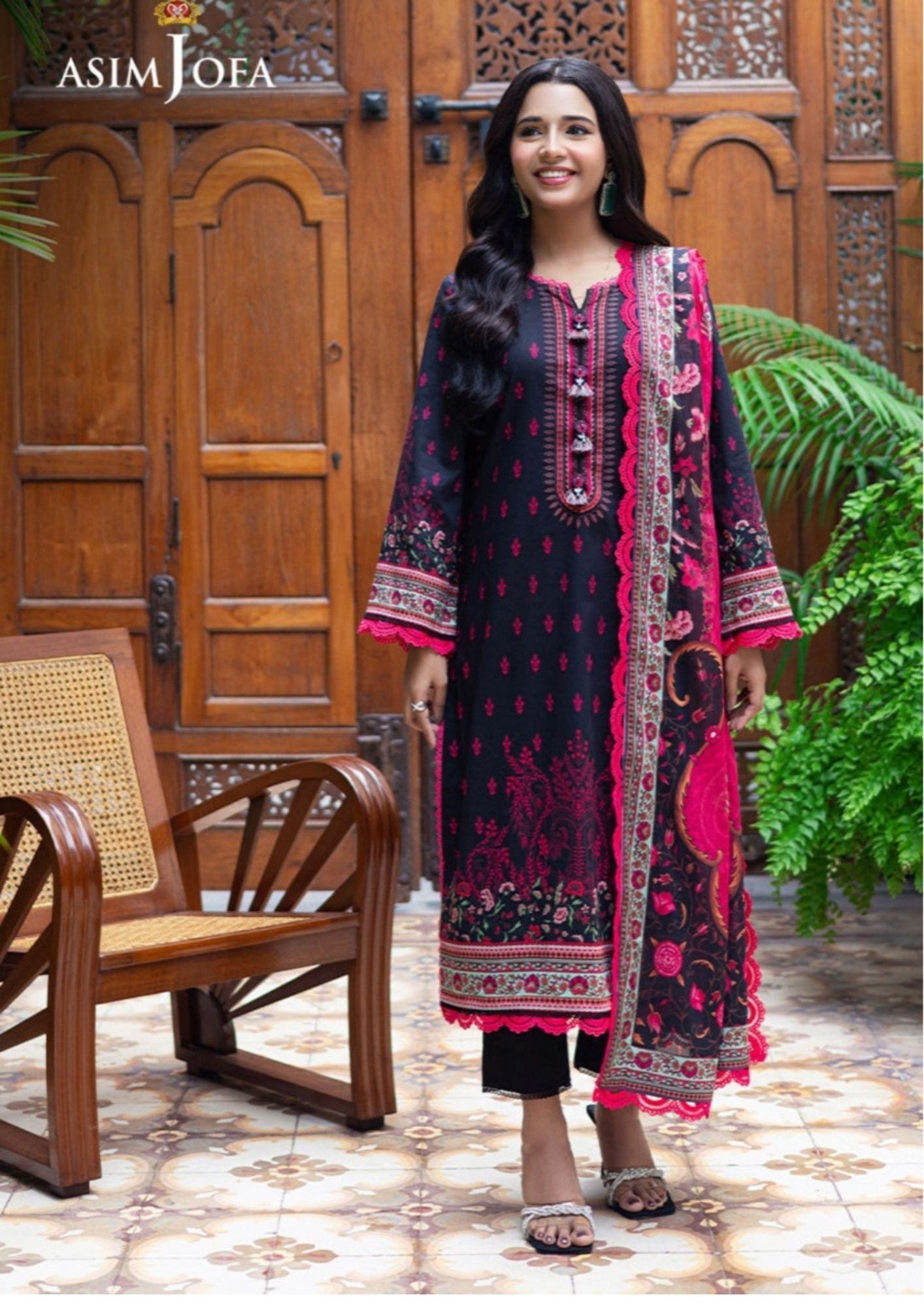 Midnight Bloom Black & Pink Embroidered Lawn Suit | Asim Jofa | 3-Piece