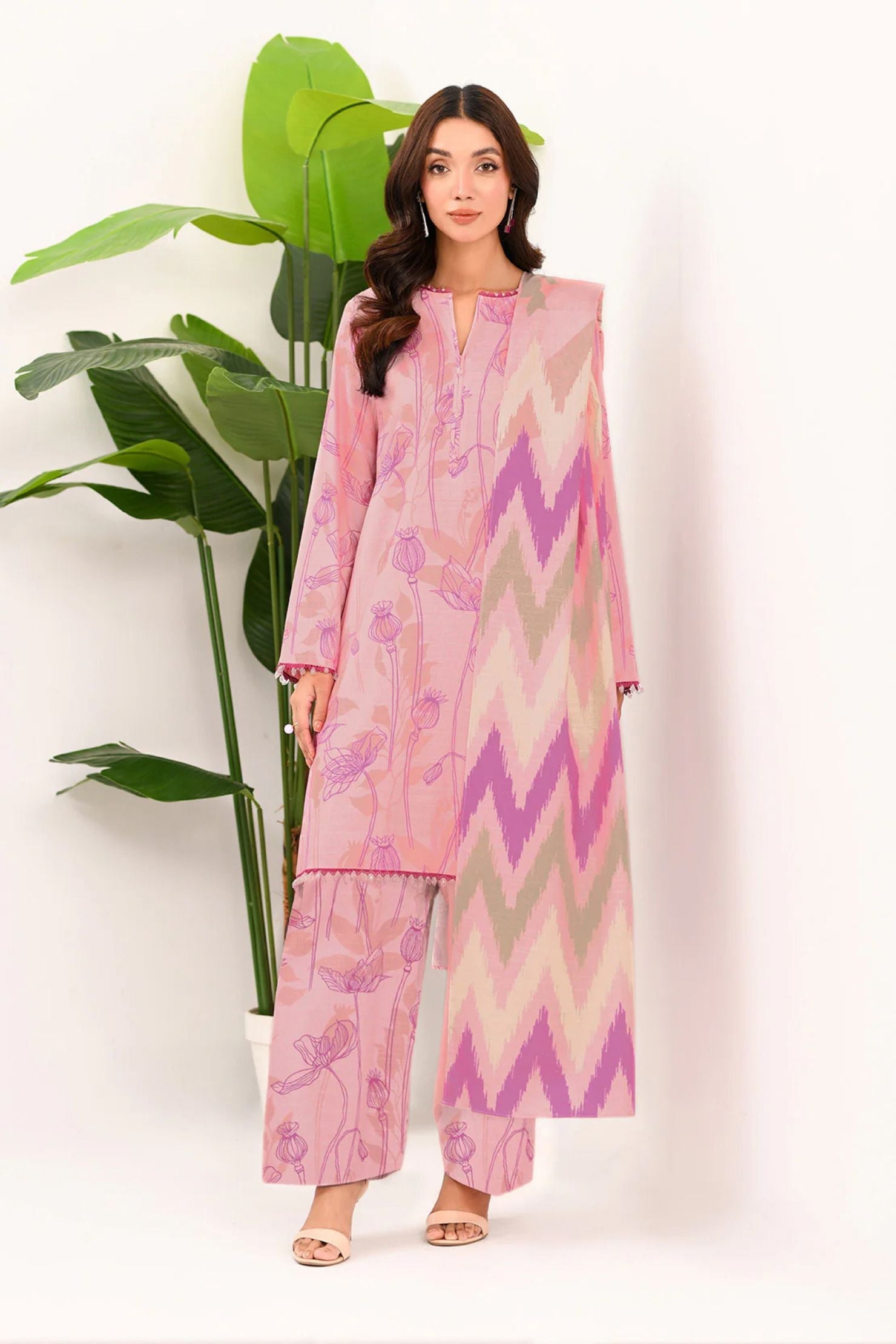 Soft Pink Floral Lawn 3-Piece Suit | Pastel Elegance & Ikat Inspired Dupatta |