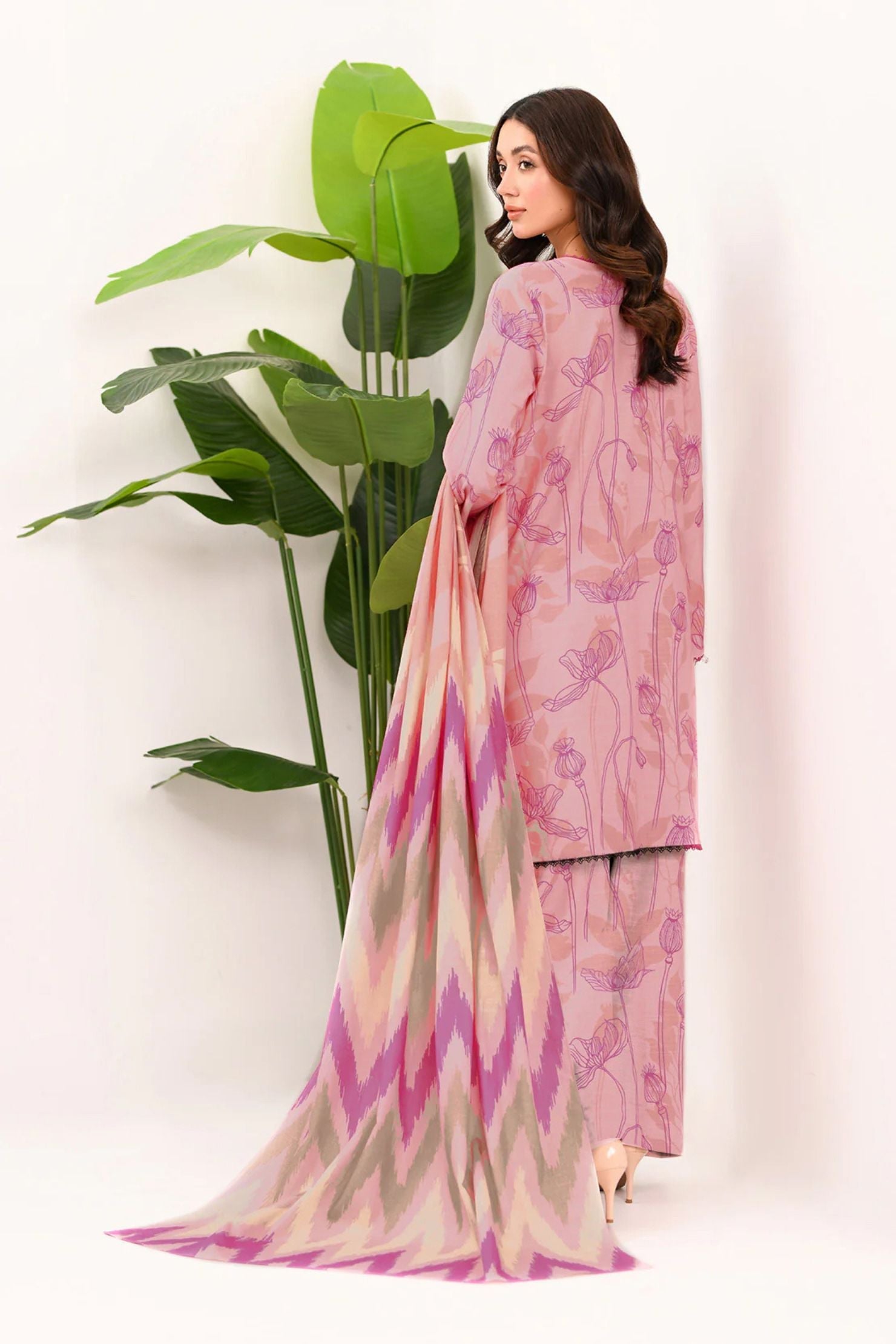 Soft Pink Floral Lawn 3-Piece Suit | Pastel Elegance & Ikat Inspired Dupatta |