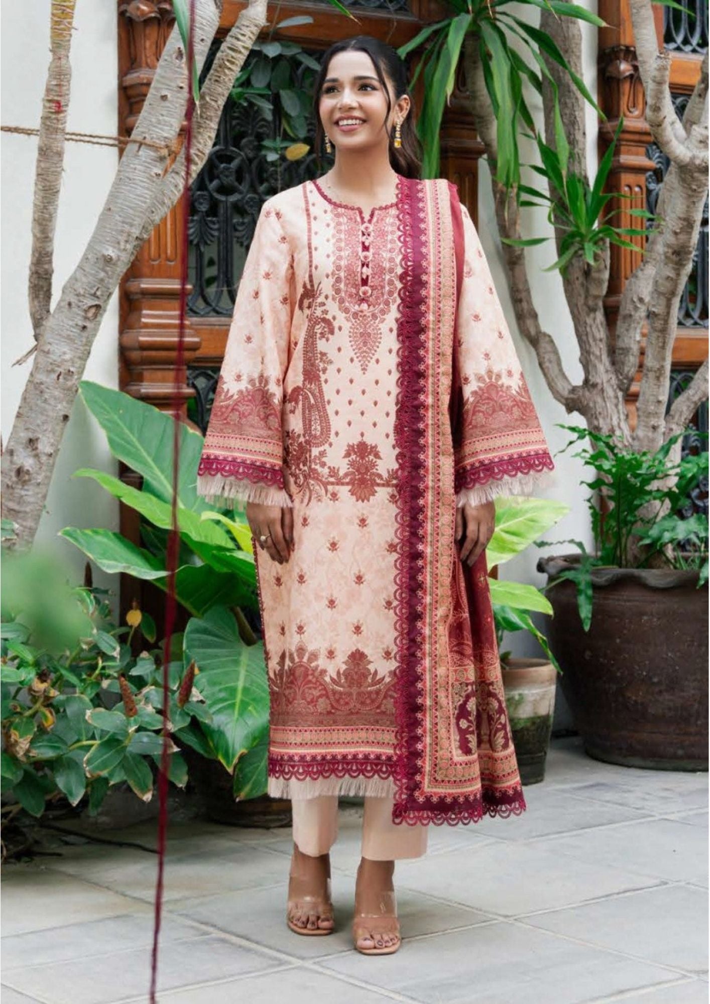Peach & Maroon Embroidered Lawn Suit | Asim Jofa | 3-Piece