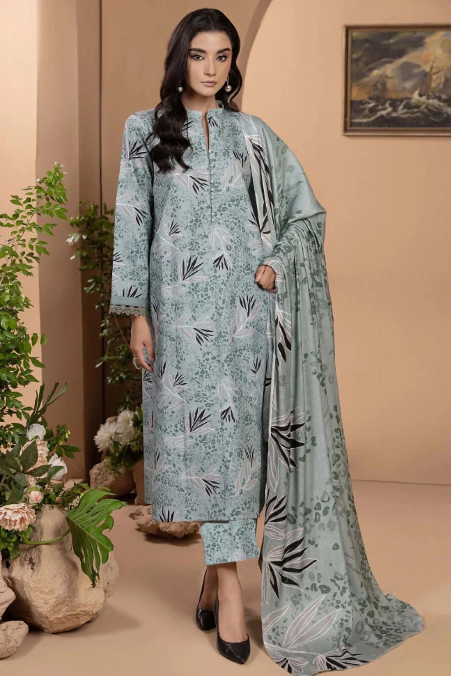 Mint Green Botanical Lawn 3-Piece Suit | Subtle Animal Print with Leafy Accents |