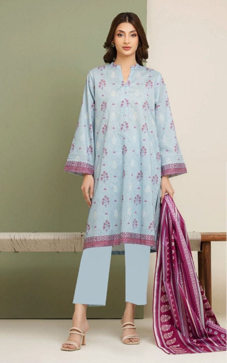 Sky Blossom - 3 Piece Printed Lawn Suit | Serene Blue with Rich Maroon Contrast