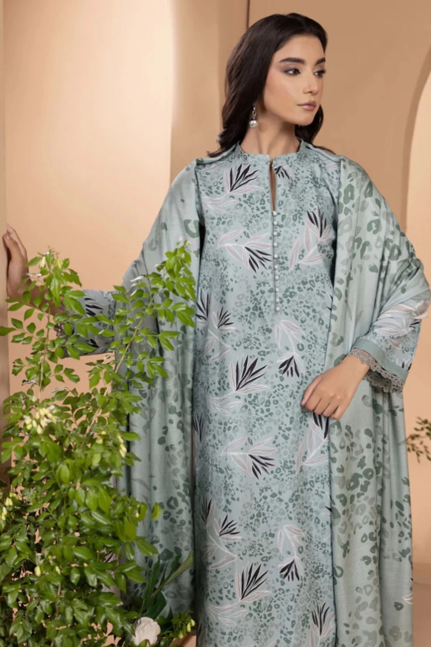 Mint Green Botanical Lawn 3-Piece Suit | Subtle Animal Print with Leafy Accents |