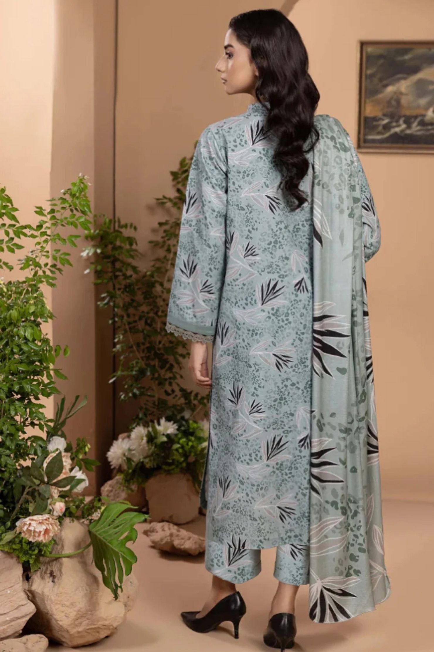 Mint Green Botanical Lawn 3-Piece Suit | Subtle Animal Print with Leafy Accents |