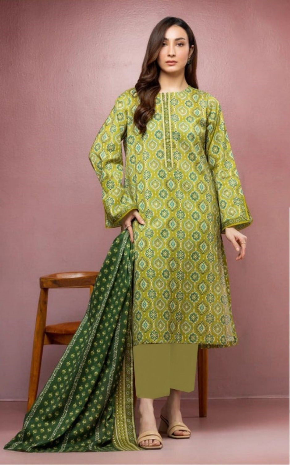 Mehndi Glow - 3 Piece Printed Lawn Suit | Mustard & Deep Green Harmony