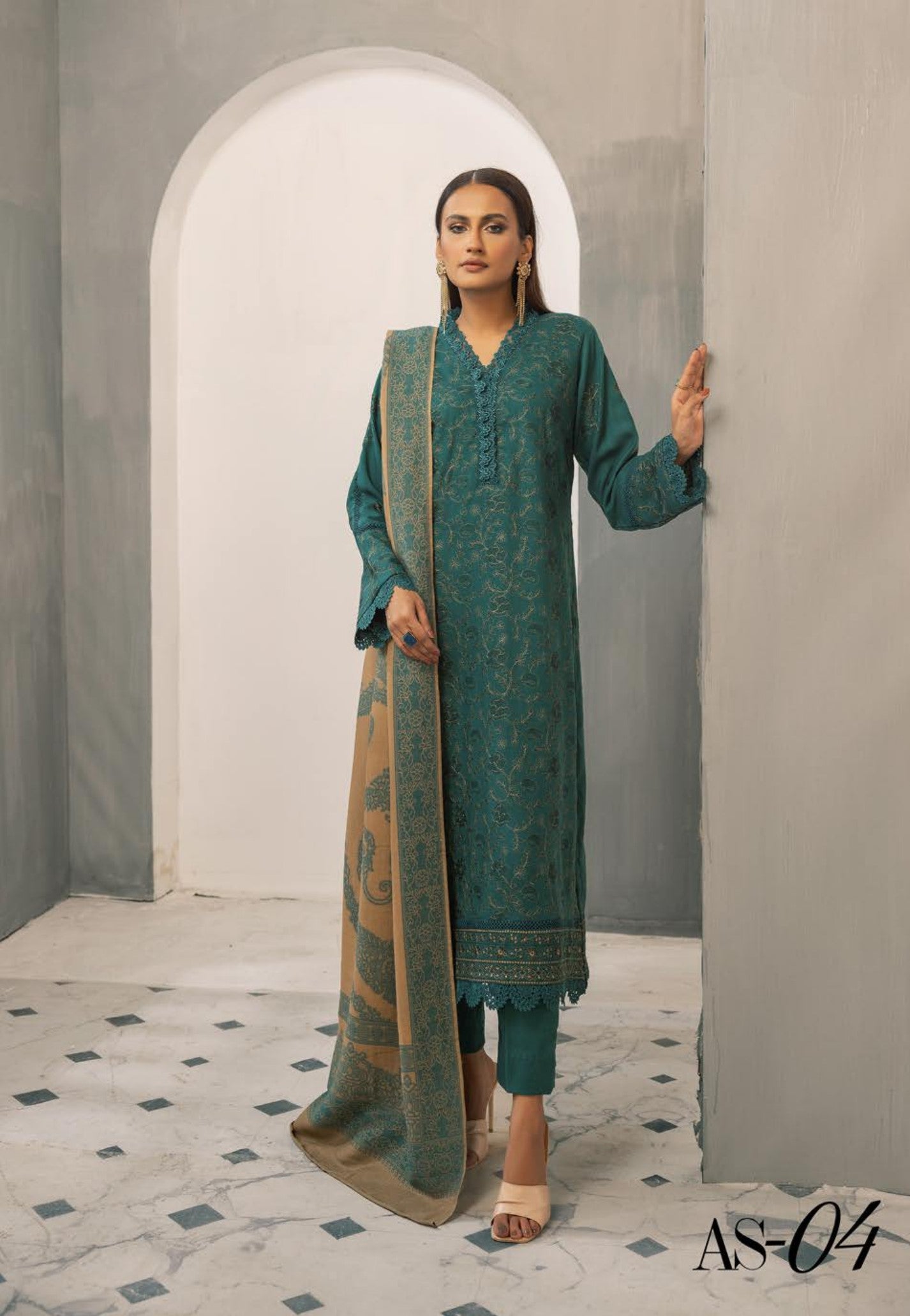 Anchal Embroidered with Sawati Shawl 3 Piece Suit (As-04)