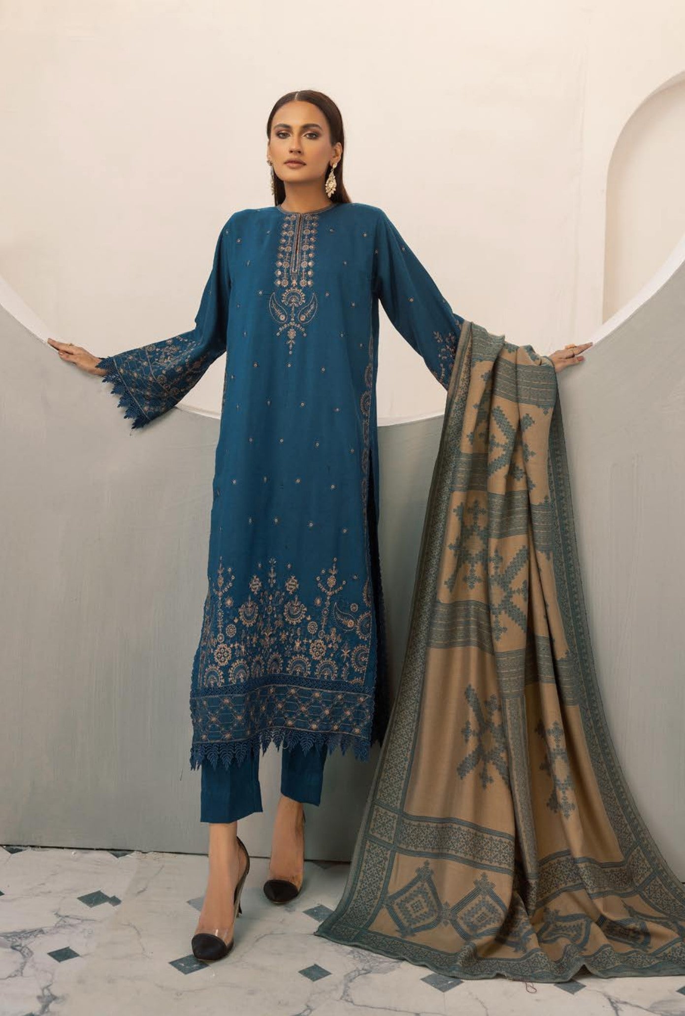 Anchal Embroidered with Sawati Shawl 3 Piece Suit (As-06)