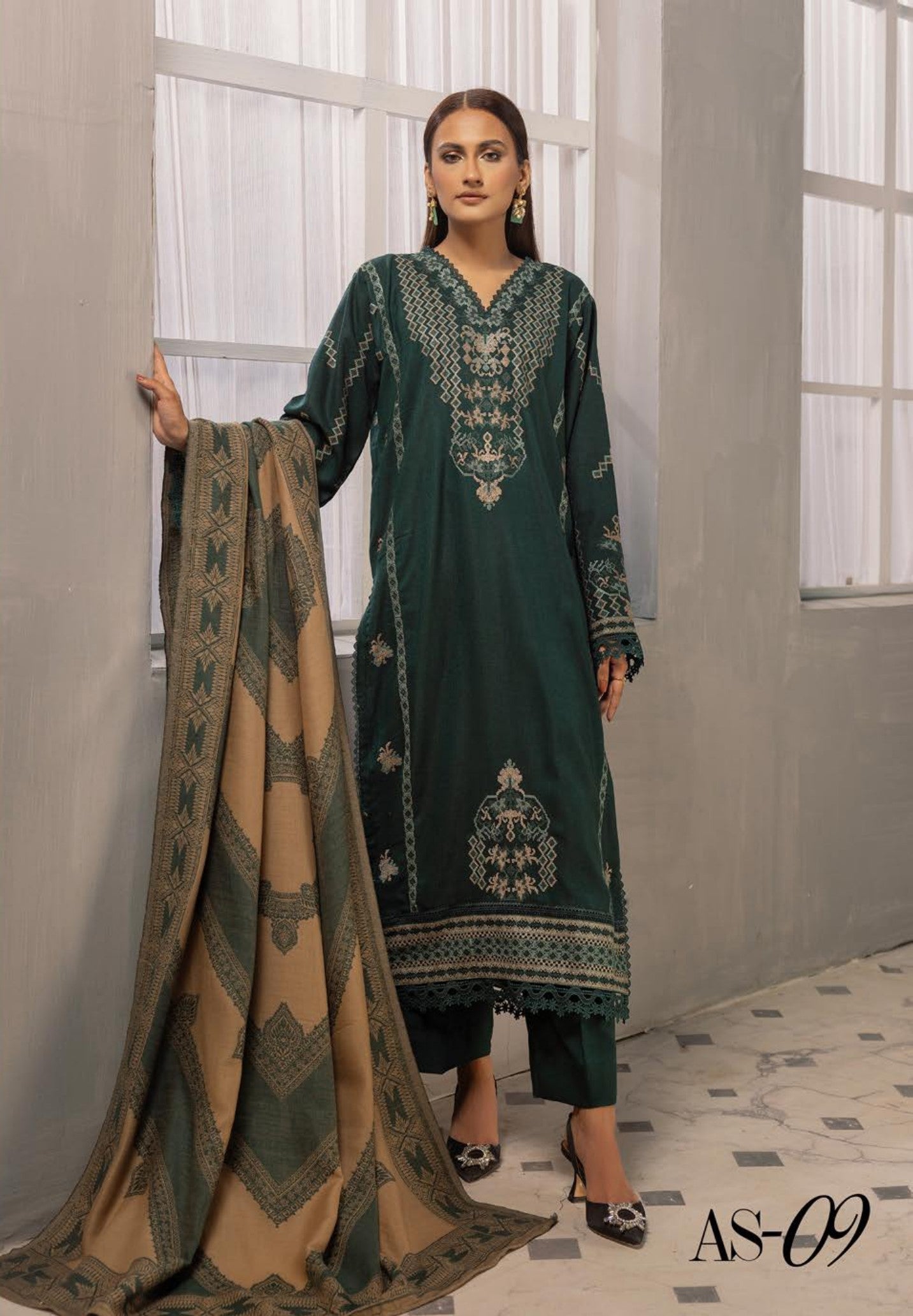 Anchal Embroidered with Sawati Shawl 3 Piece Suit (As-09)