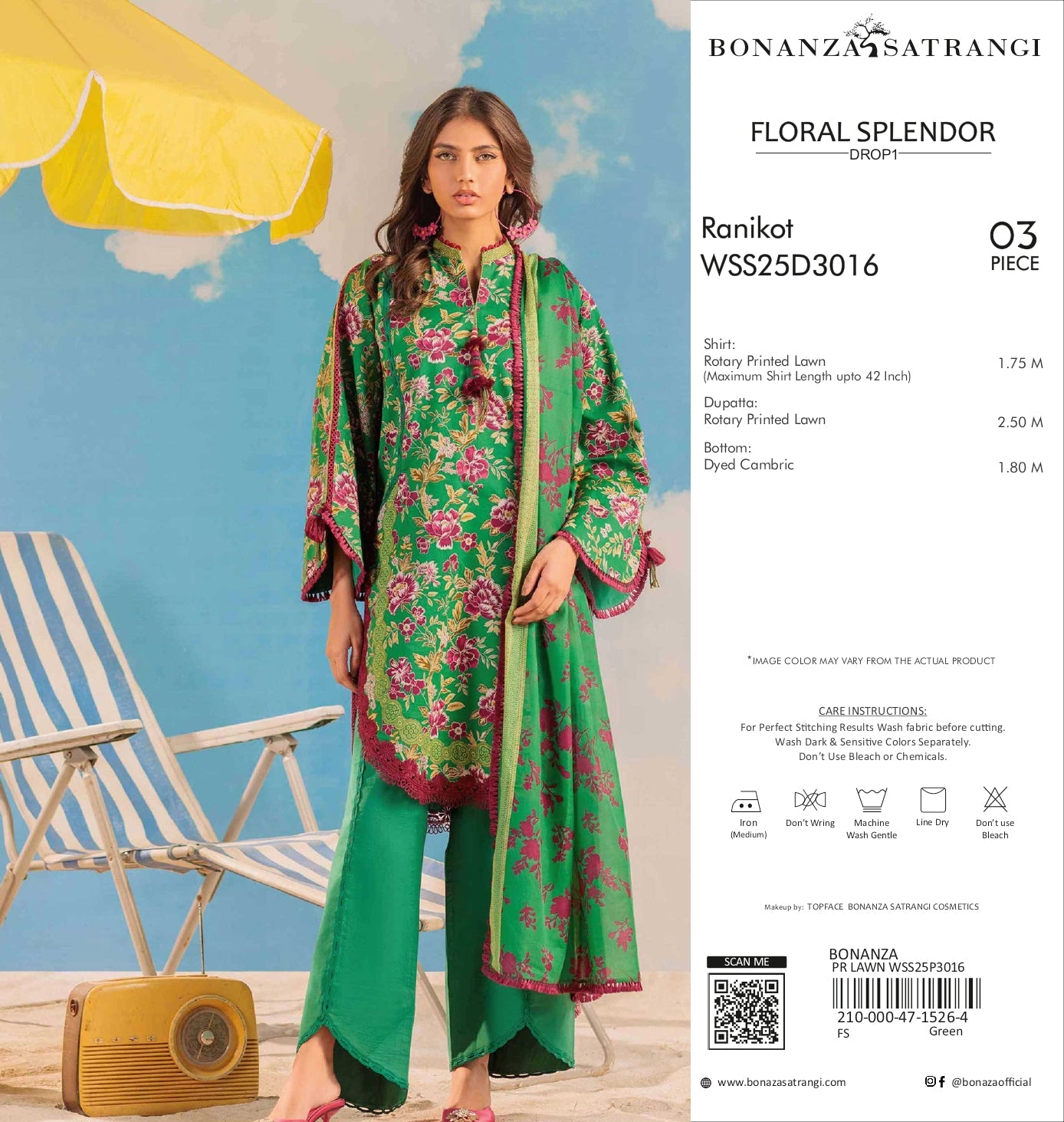 Vibrant Green Floral Printed 3-Piece Lawn Suit - Ranikot WSS25D3016 (Bonanza Satrangi - Floral Splendor
