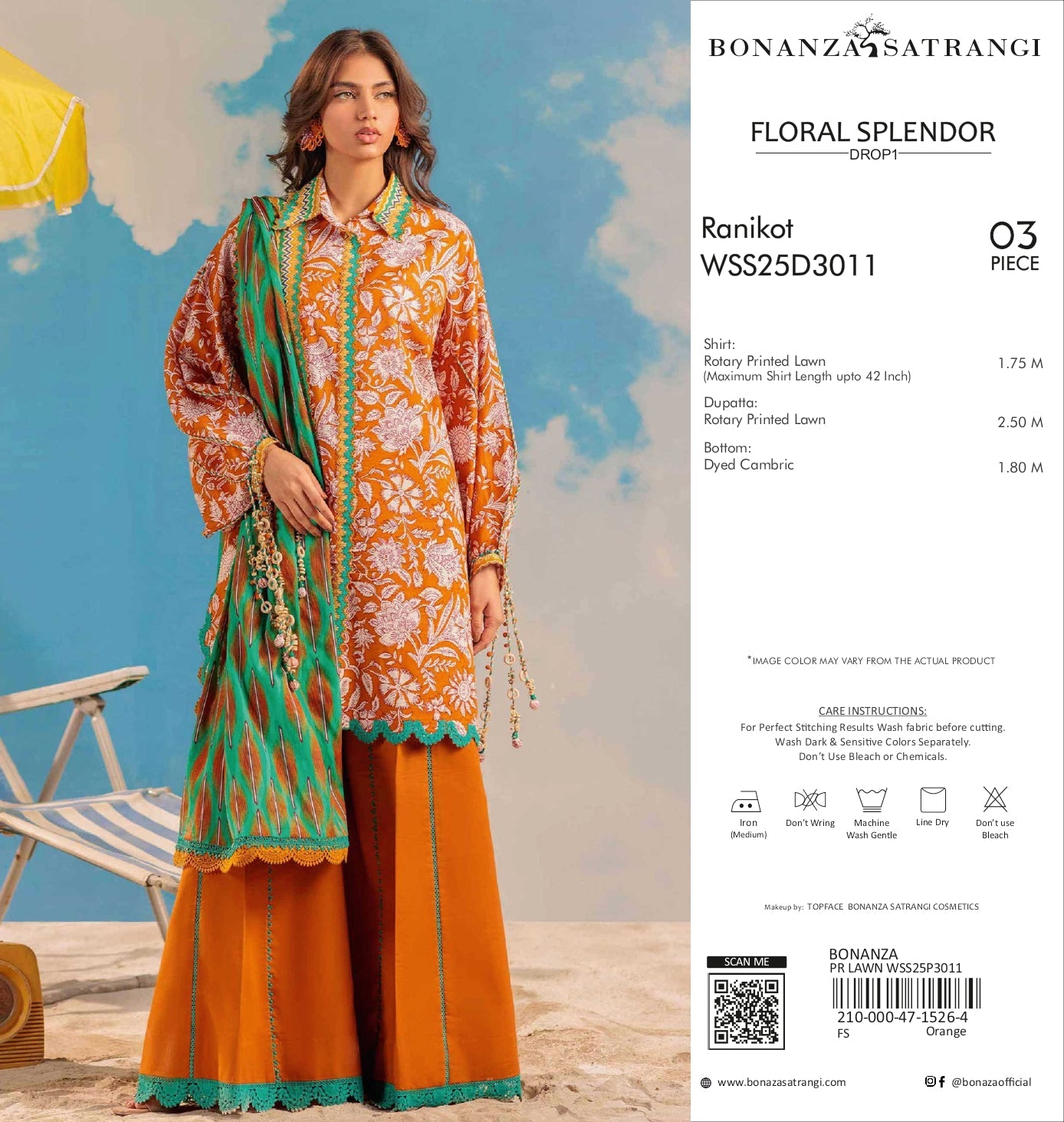 Ranikot Orange - 3 Piece Printed Lawn Suit (WSS25D3011) | Bonanza Satrangi Floral Splendor - Drop 1