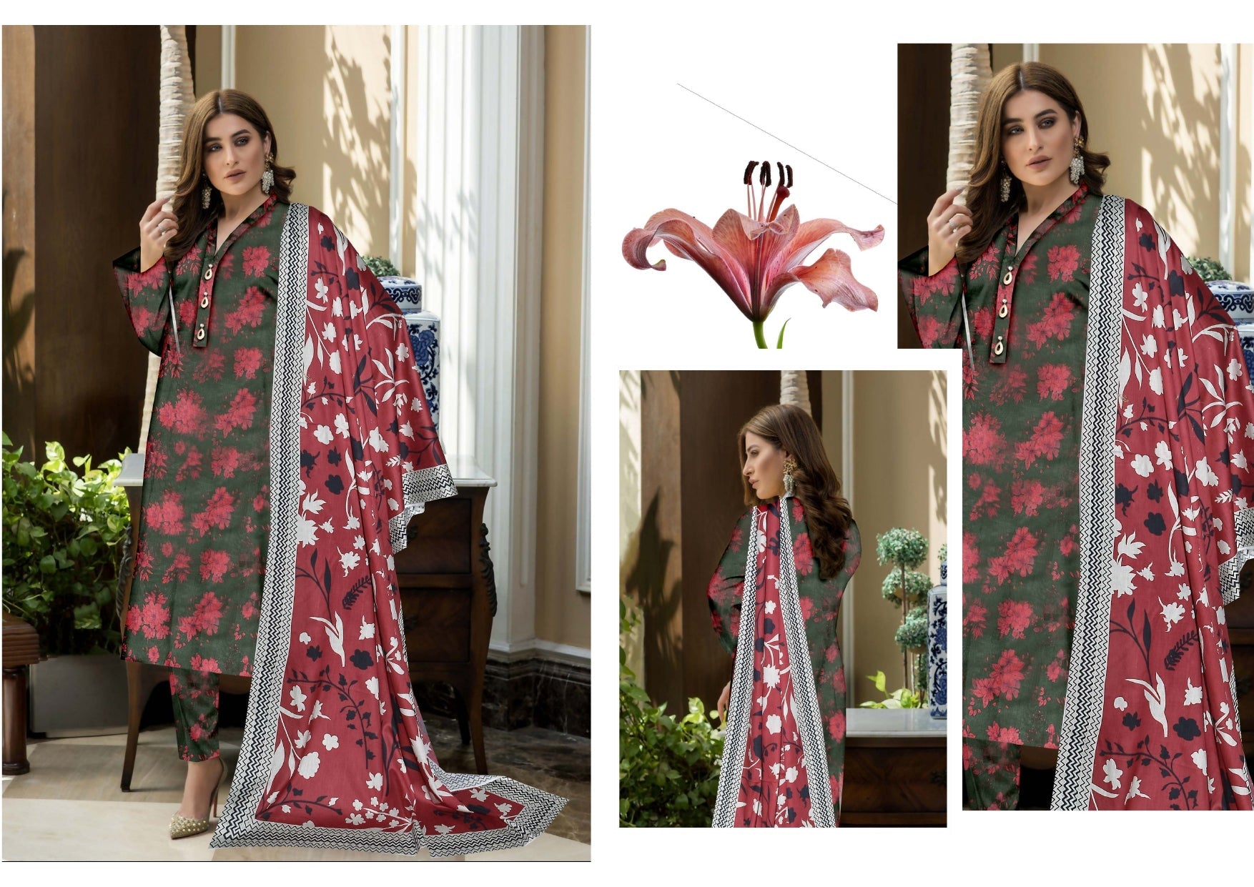 Maria B Lawn Summer Collection 2025 – 3-Piece Suit (Green & Maroon Floral)