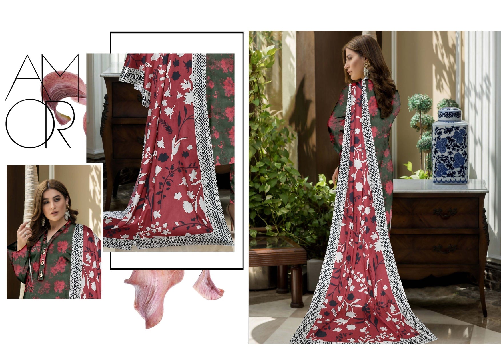 Maria B Lawn Summer Collection 2025 – 3-Piece Suit (Green & Maroon Floral)