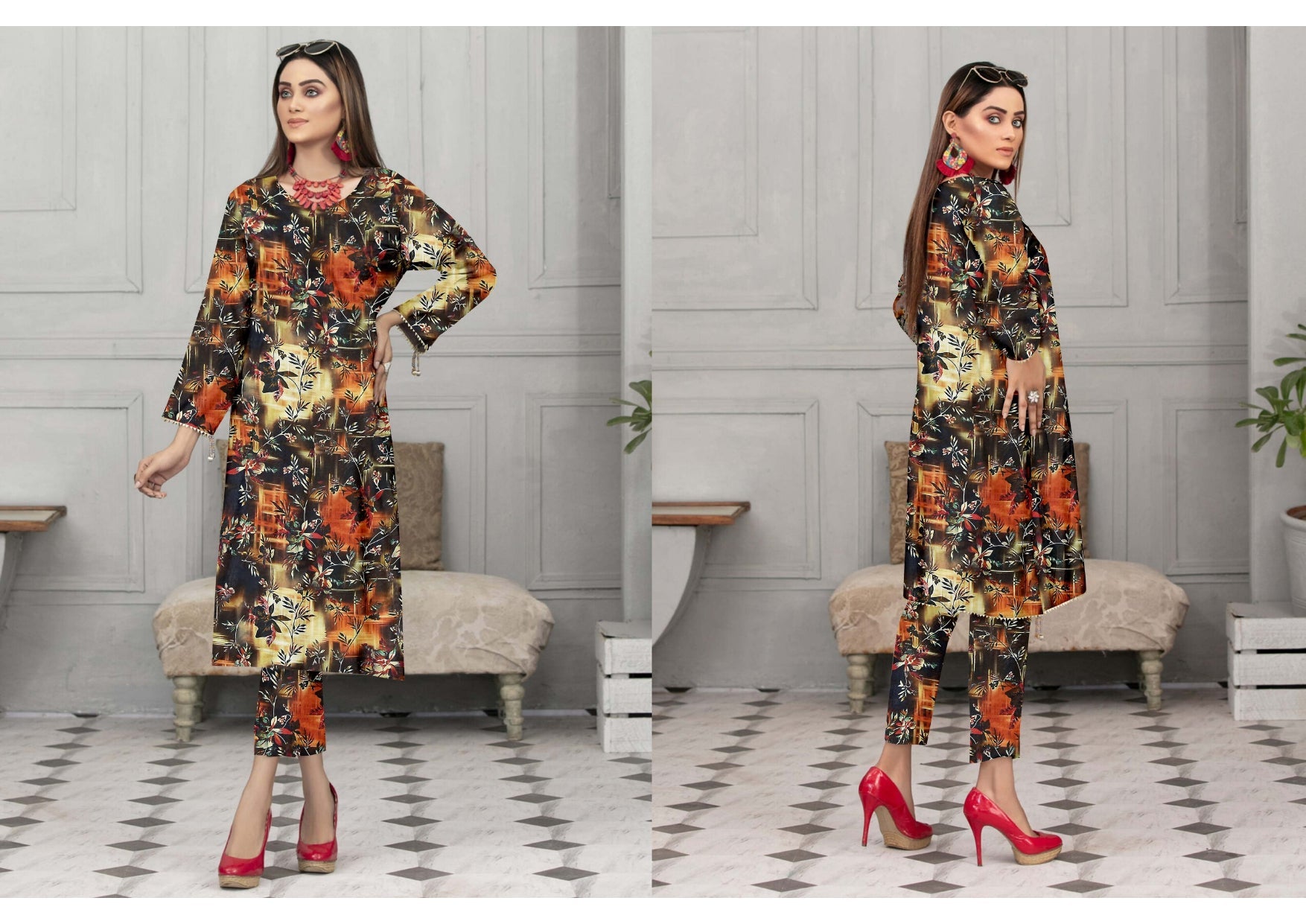 Maria B Lawn Summer Collection 2025 – 3-Piece Suit (Black, Orange & Beige Abstract Floral)