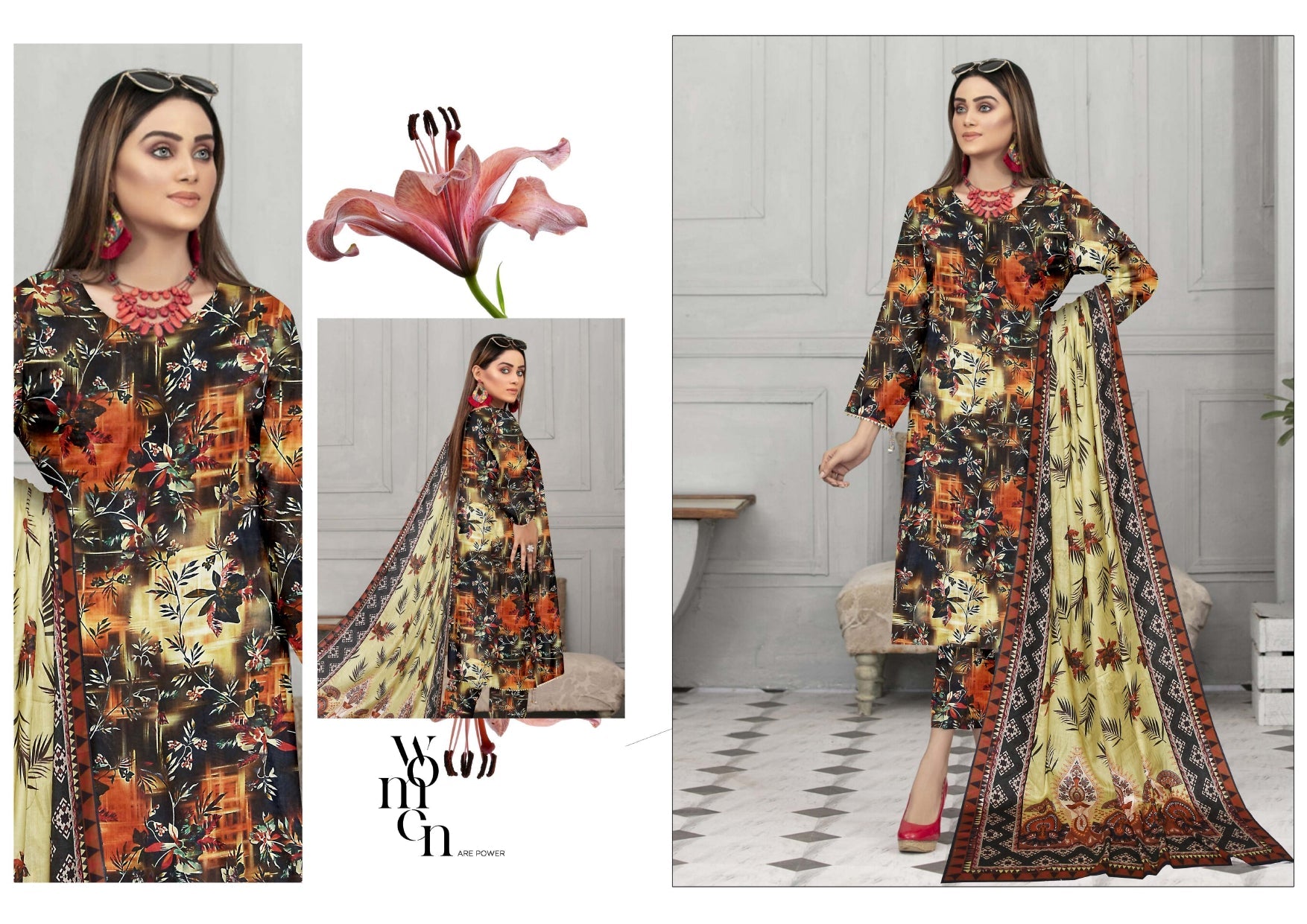 Maria B Lawn Summer Collection 2025 – 3-Piece Suit (Black, Orange & Beige Abstract Floral)