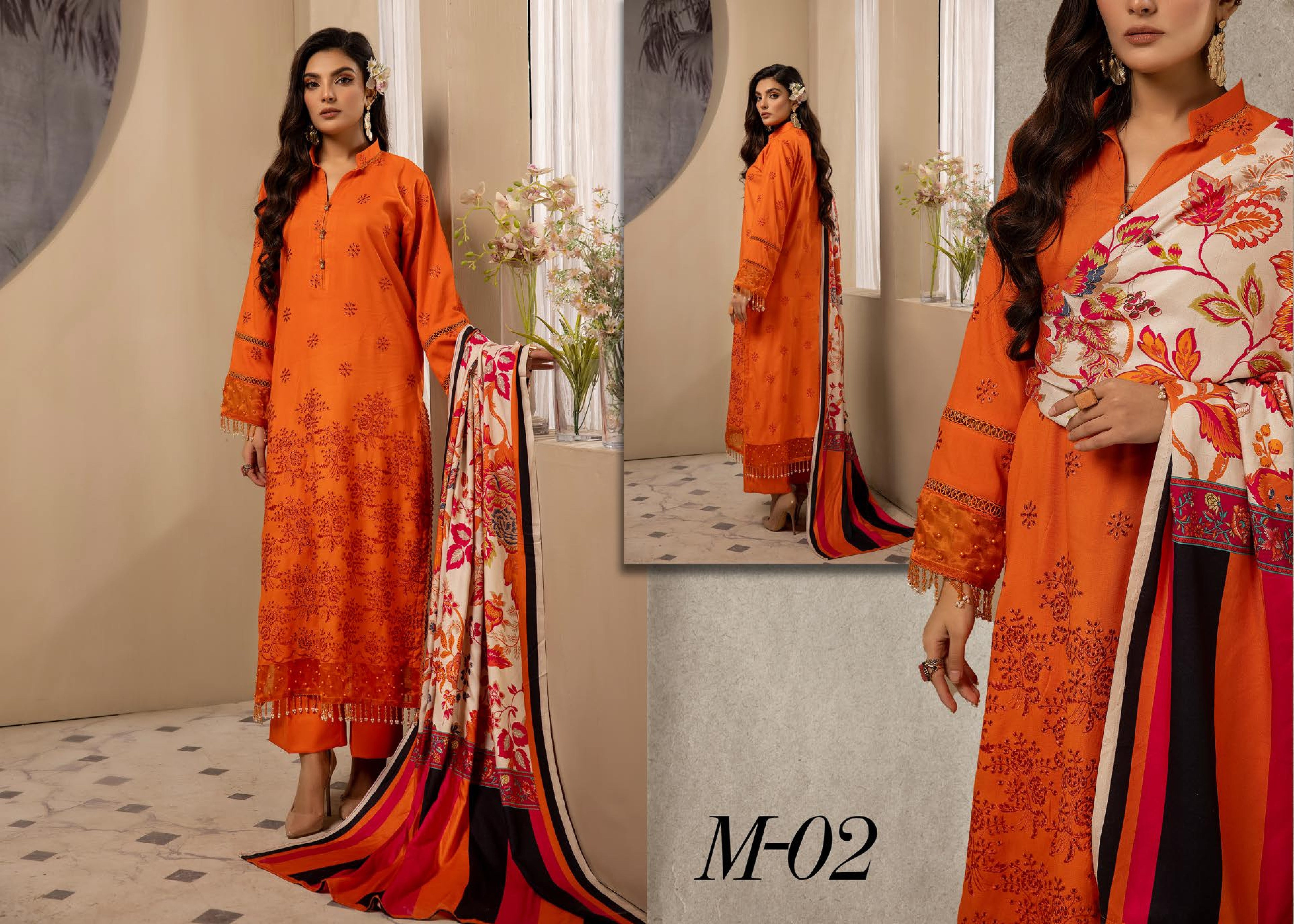 Mehak Embroidered Slub 3 Piece Suit (M-02)