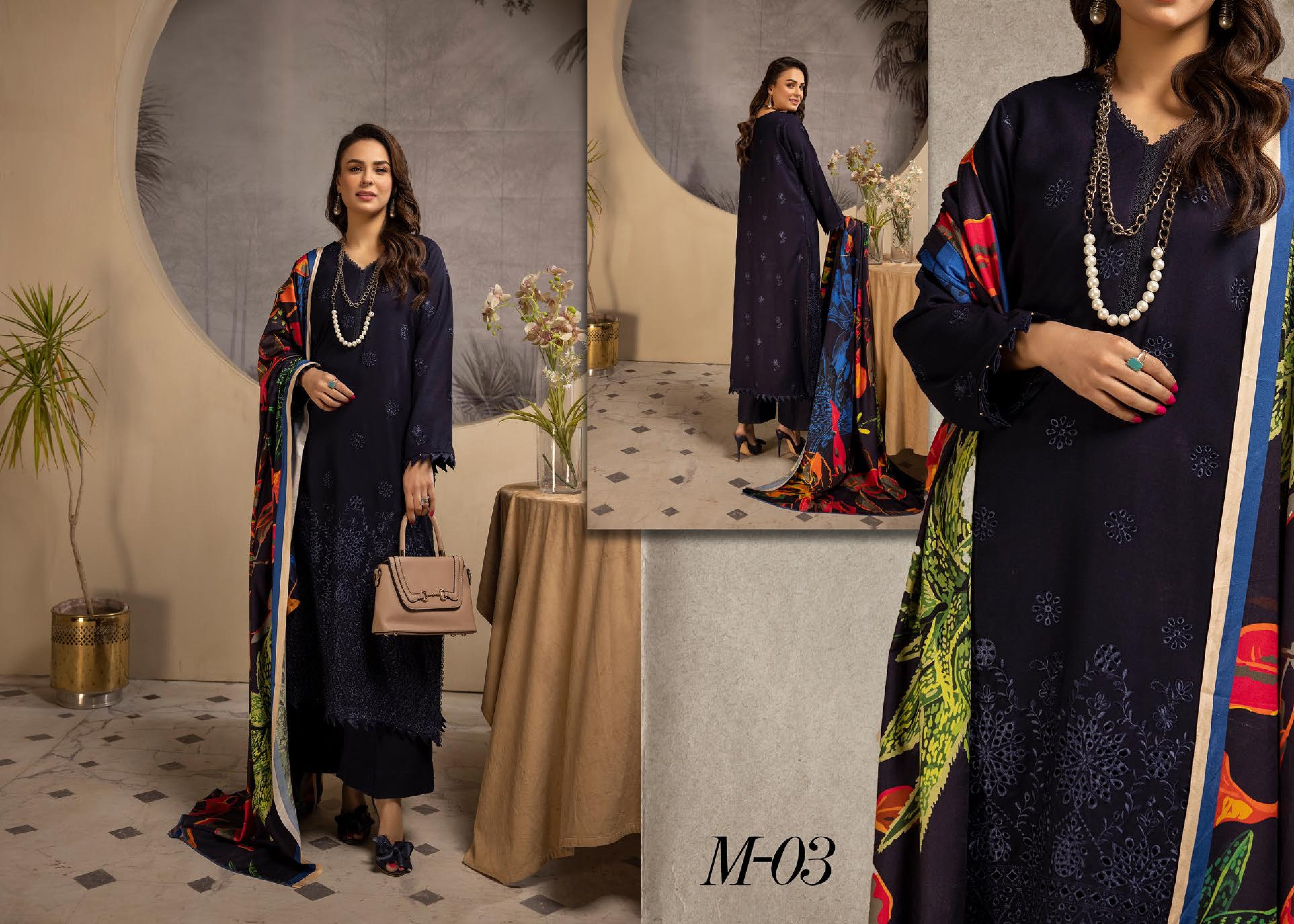 Mehak Embroidered Slub 3 Piece Suit (M-03)