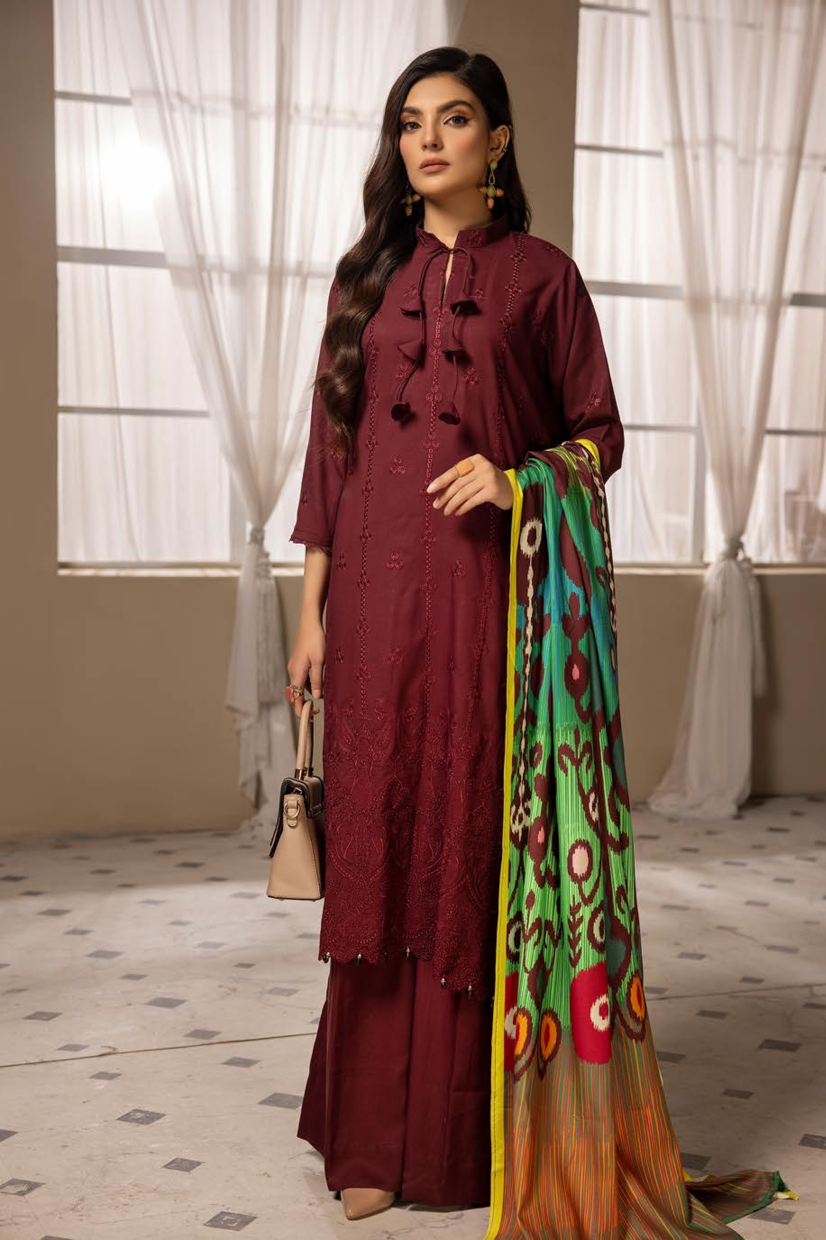 Mehak Embroidered Slub 3 Piece Suit (M-09)
