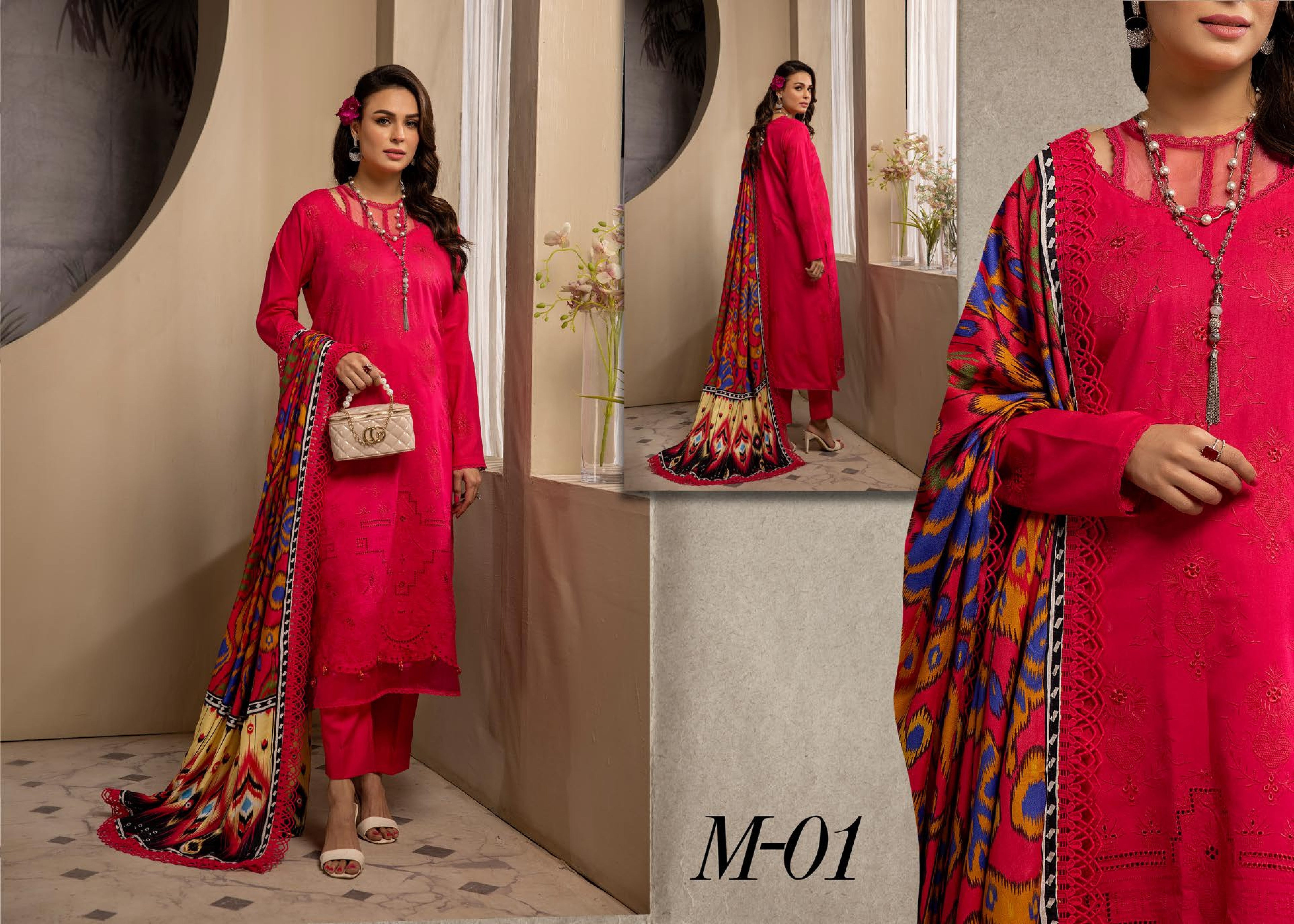 Mehak Embroidered Slub 3 Piece Suit (M-01)