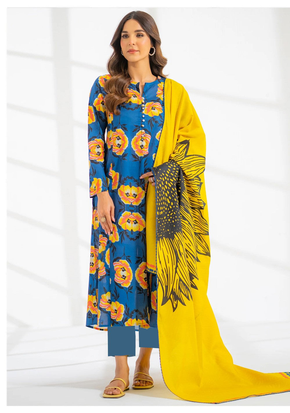 Sunflower Bloom - 3 Piece Blue & Yellow Printed Lawn Suit | Bold Summer Edit