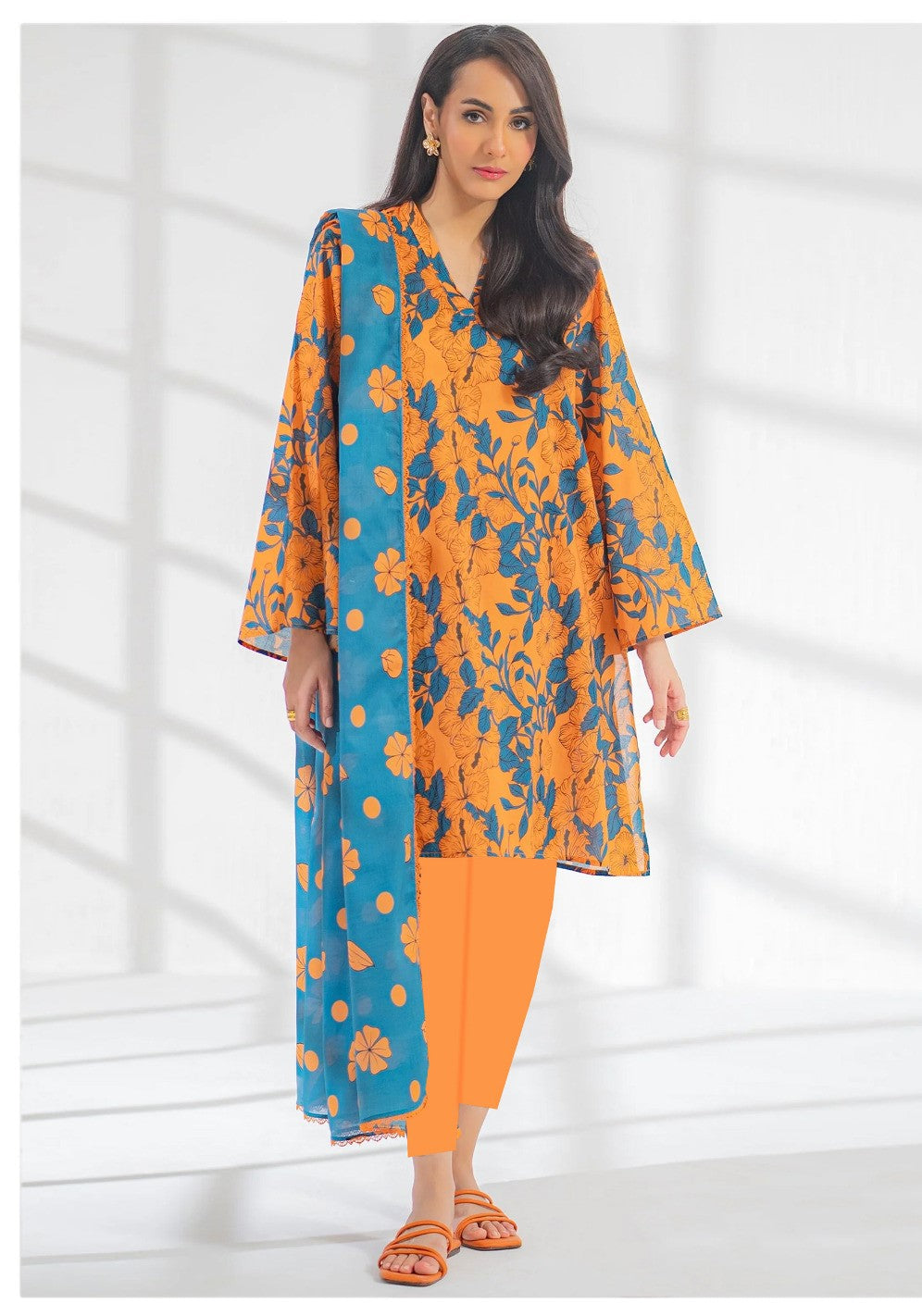 Sunset Bloom - 3 Piece Orange & Blue Lawn Suit | Bold Floral Summer Look