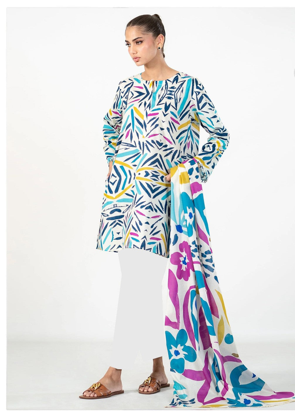 Tropical Vibes - 3 Piece White Multi-Color Lawn Suit | Bold & Modern Summer Style