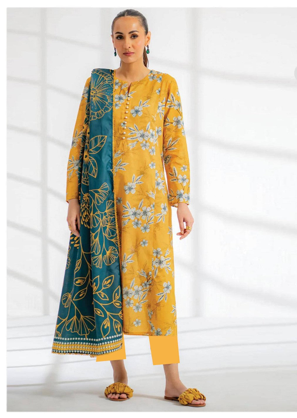 Golden Bloom - 3 Piece Mustard & Teal Lawn Suit | Bold Floral Statement