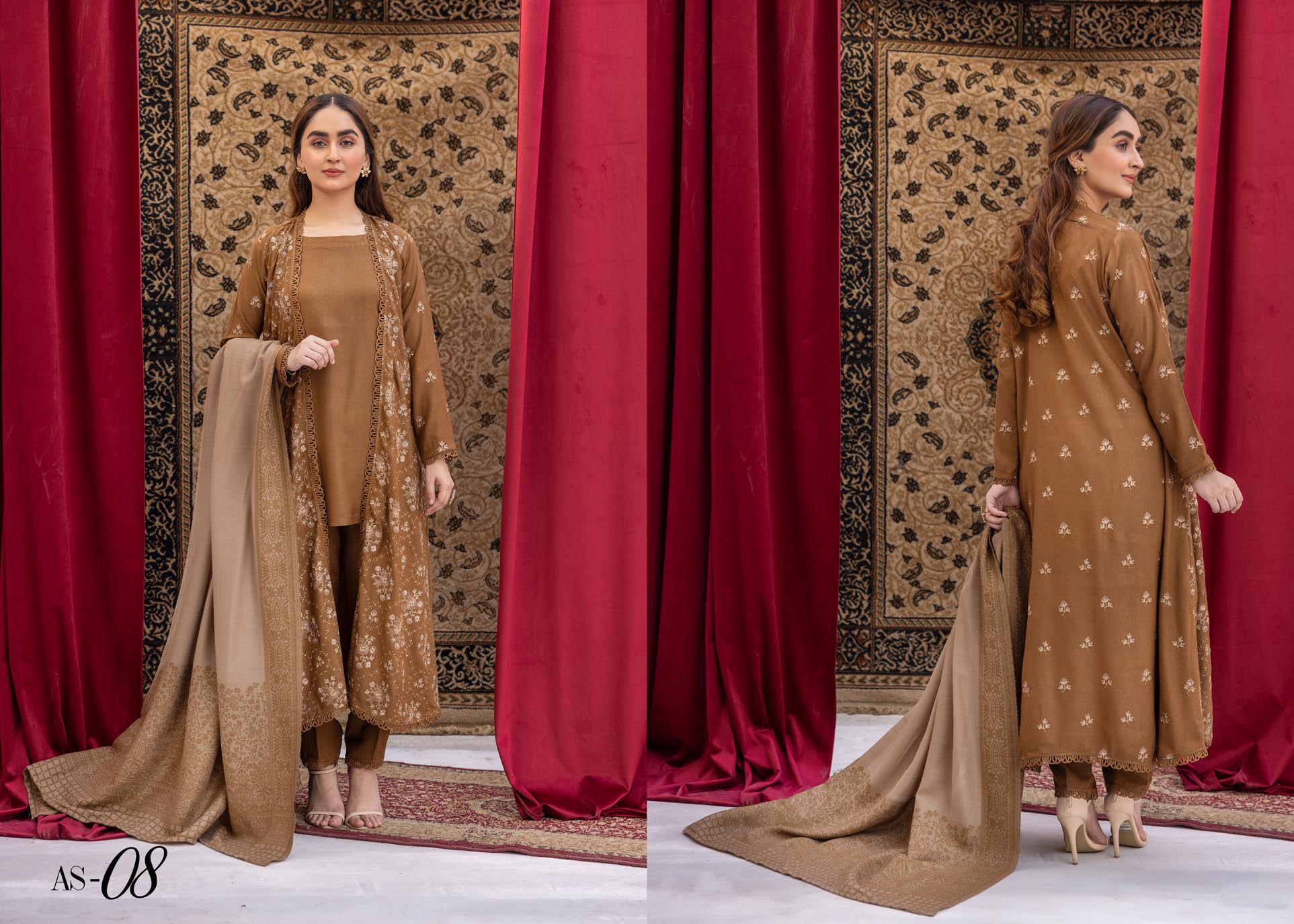 Anchal Embroidery Peach Leather 3 Piece Suit with Sawati Shawl (AS-08)