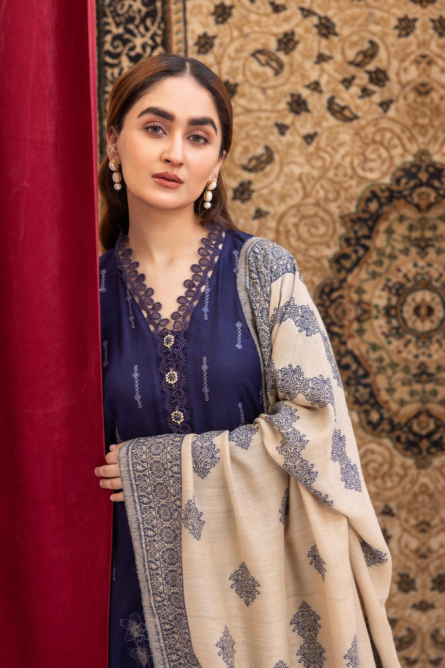 Anchal Embroidery Peach Leather 3 Piece Suit with Sawati Shawl (AS-09)