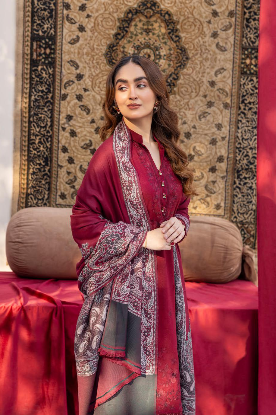 Anchal Embroidery Peach Leather 3 Piece Suit with Sawati Shawl (AS-01)