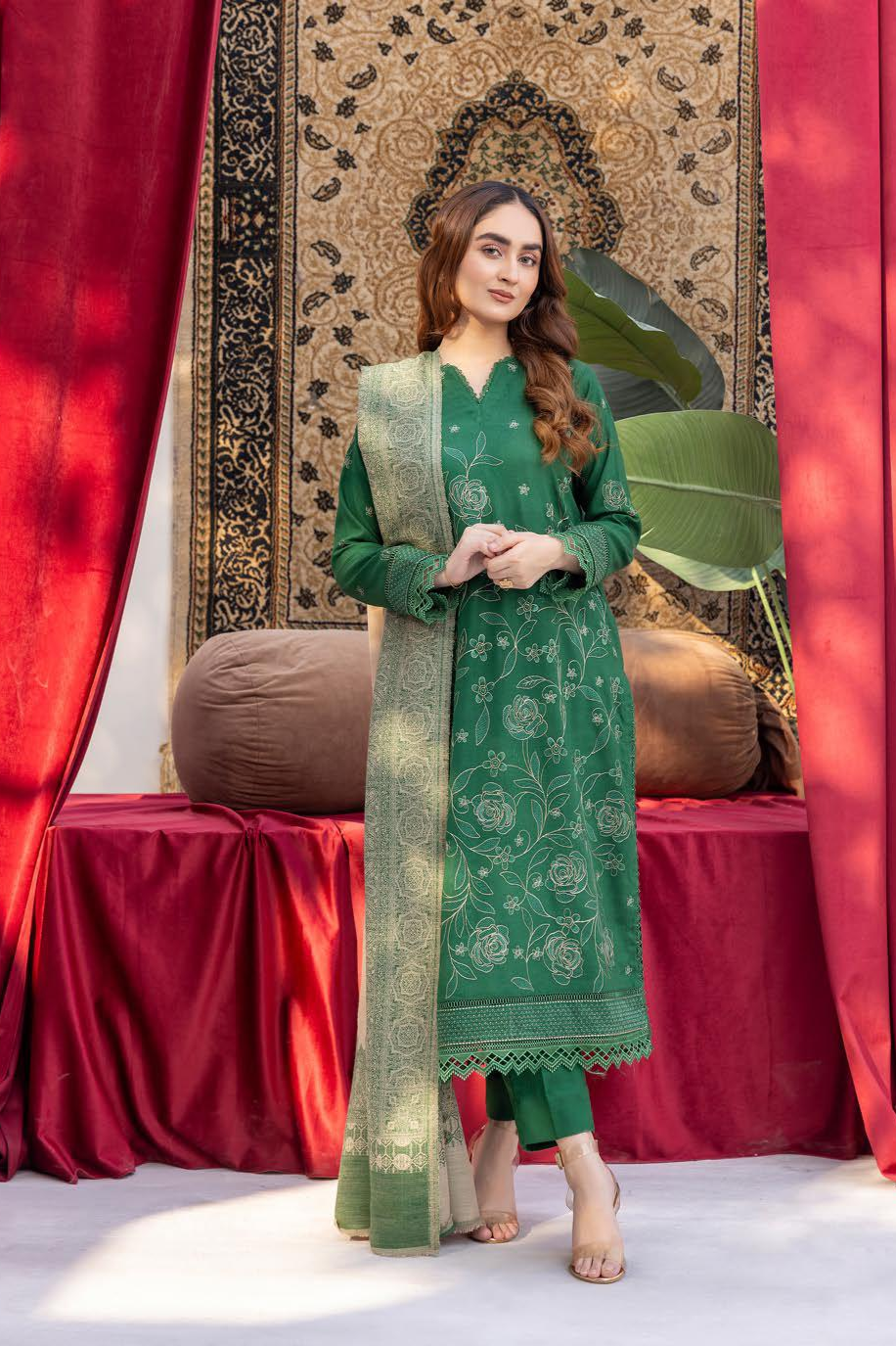 Anchal Embroidery Peach Leather 3 Piece Suit with Sawati Shawl (AS-03)
