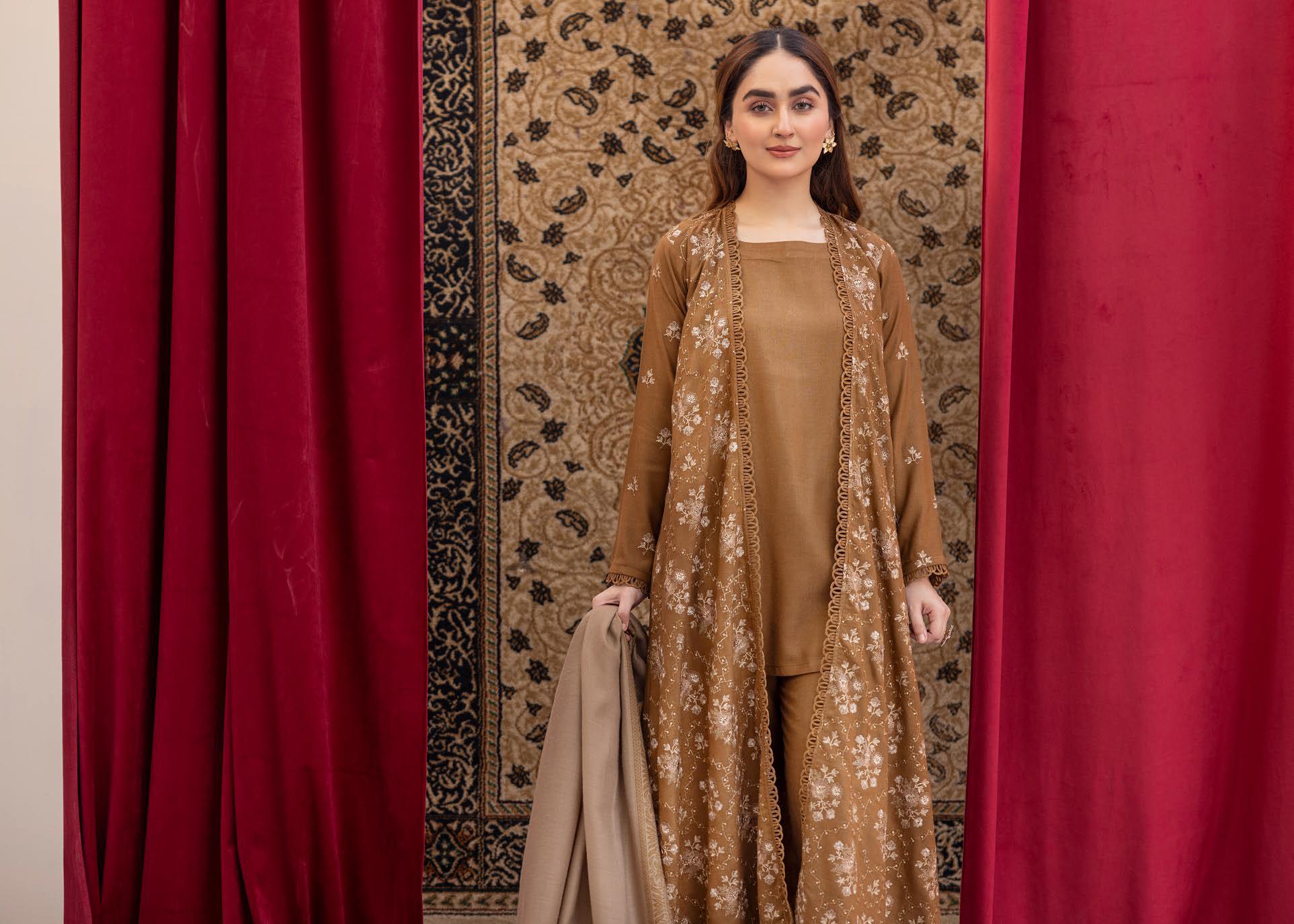 Anchal Embroidery Peach Leather 3 Piece Suit with Sawati Shawl (AS-08)